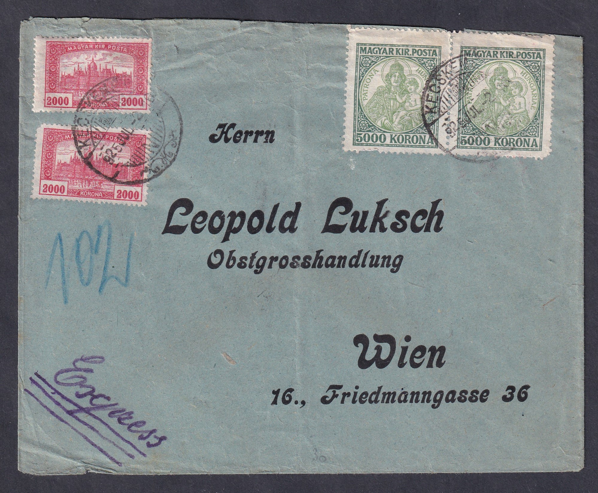 IMG_20260506_0023 1925. Kecskemét, Bécsbe feladott levél 14.000 K díjtétellel