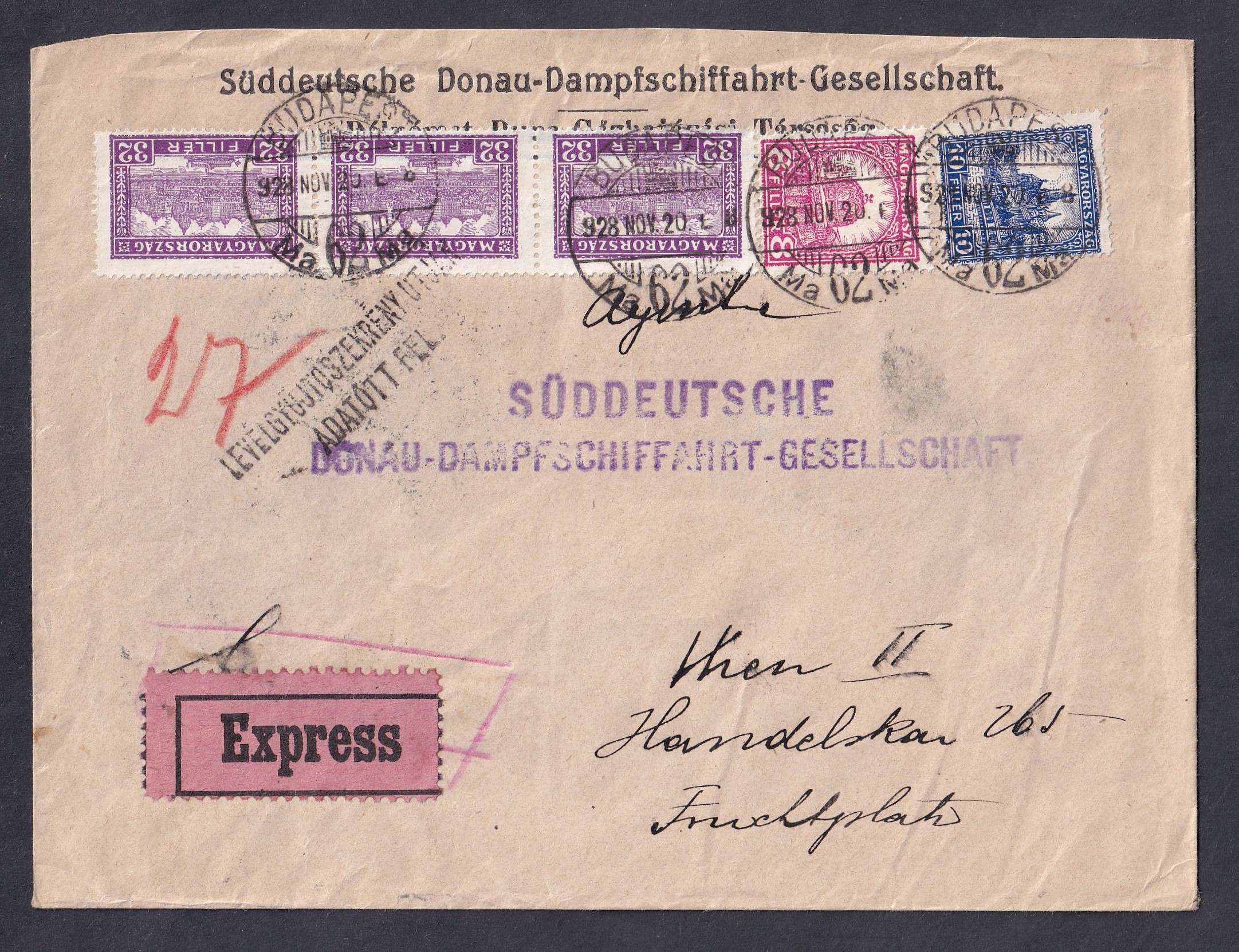 IMG_20260506_0025 1928. Budapest, Blcsbe feladott 3. súlyfokozatü Expressz levél - a „Süddeutsche Donau-Dampfschiffahrt-Gesellschaft” (DDSG) budapesti irodájából