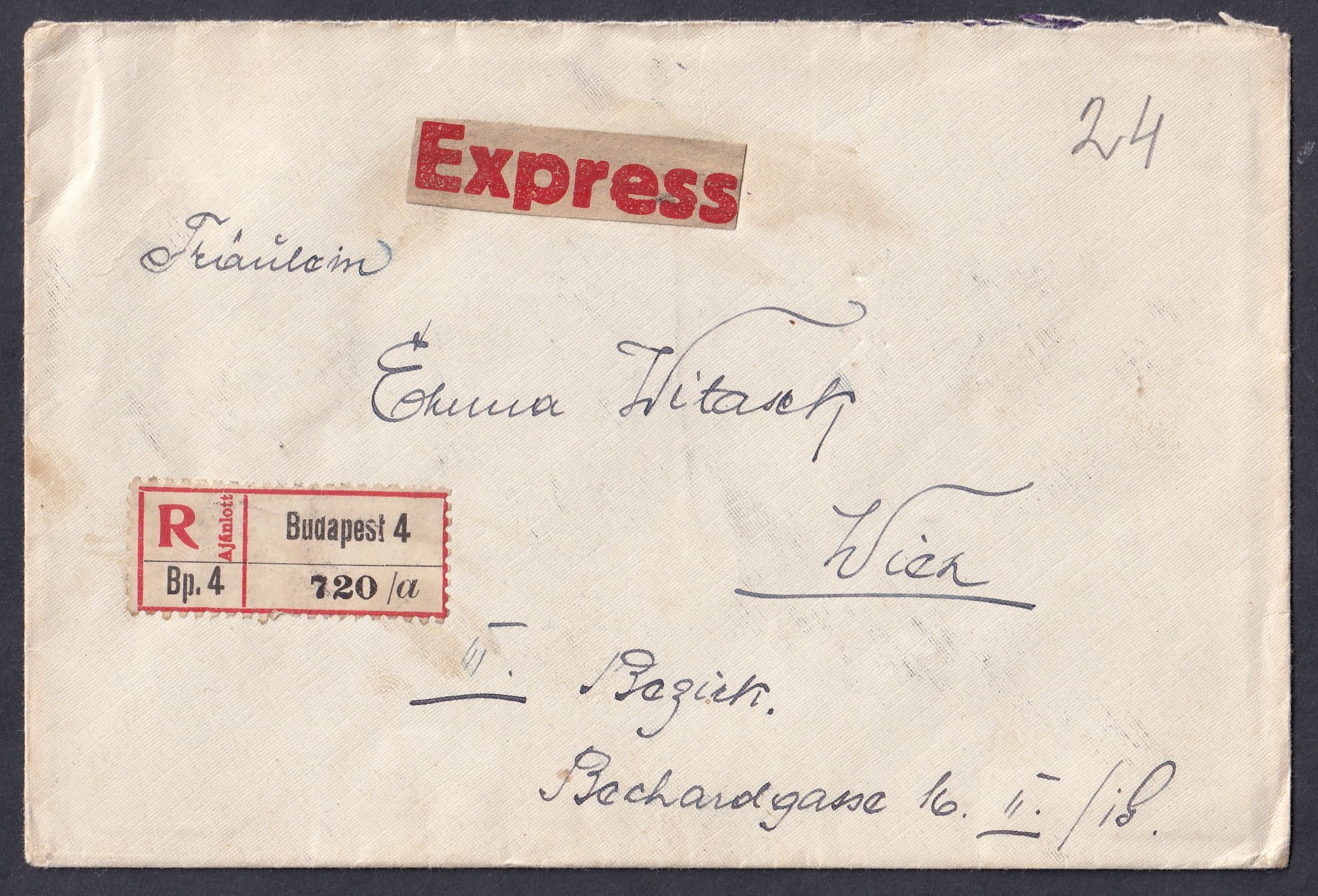 1924. Budapest, Bécsbe feladott expressz-ajánlott levél 22.000 K díjtétellel