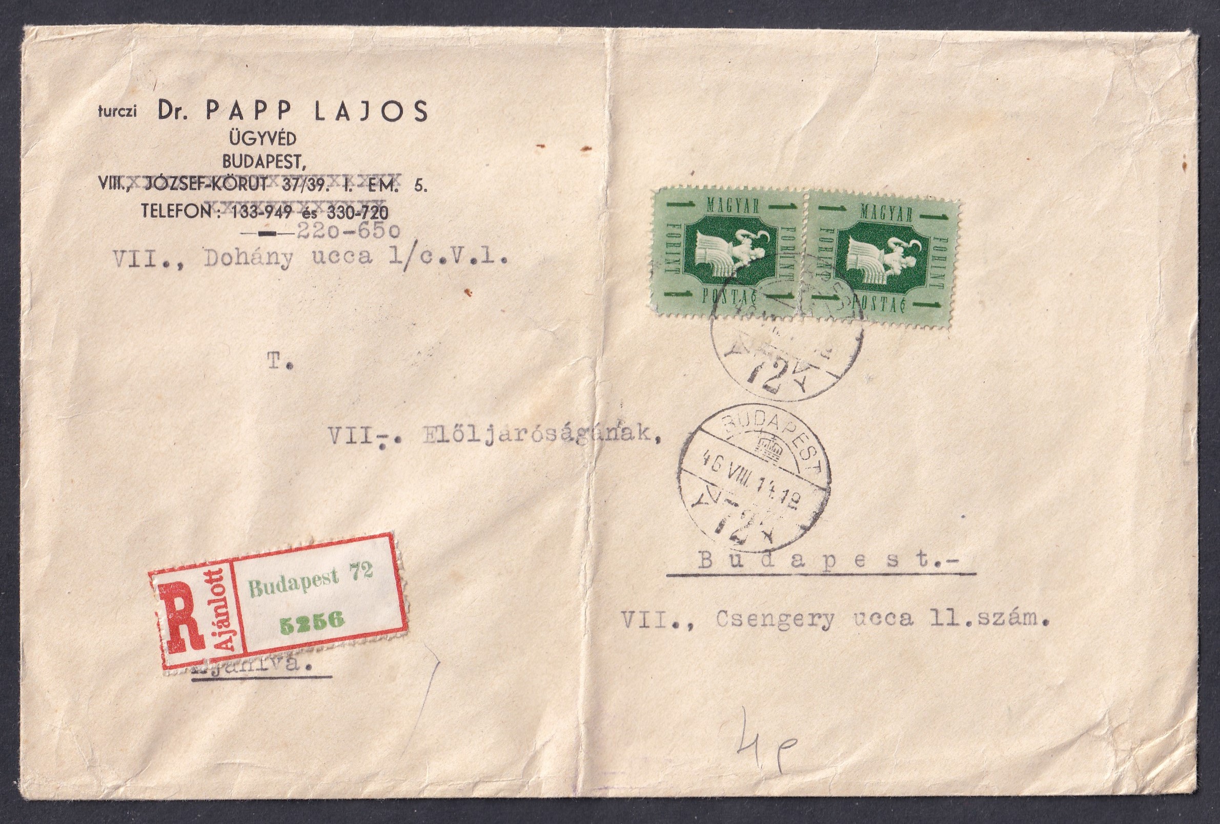1946. Budapest, helyben feladott ajánlott levél