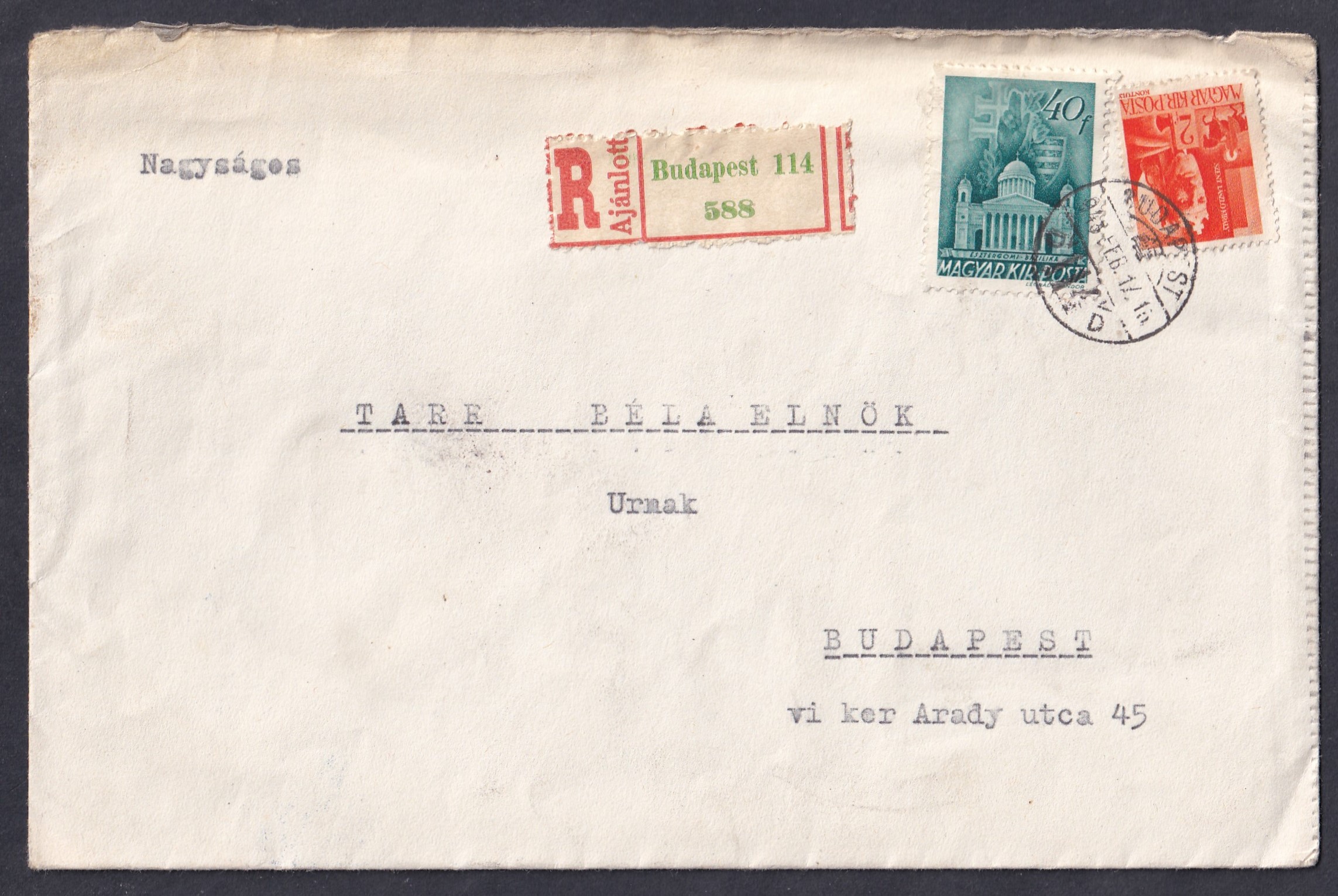 1943. Budapest, helyben feladott ajánlott levél