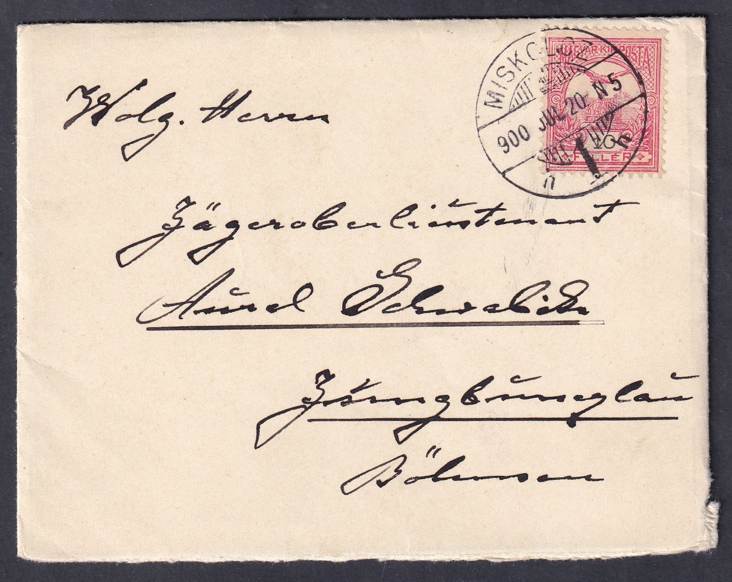 1900. Miskolc, Jungbunzlau (Mladá Boleslav)-ba feladott boríték, tartalommal