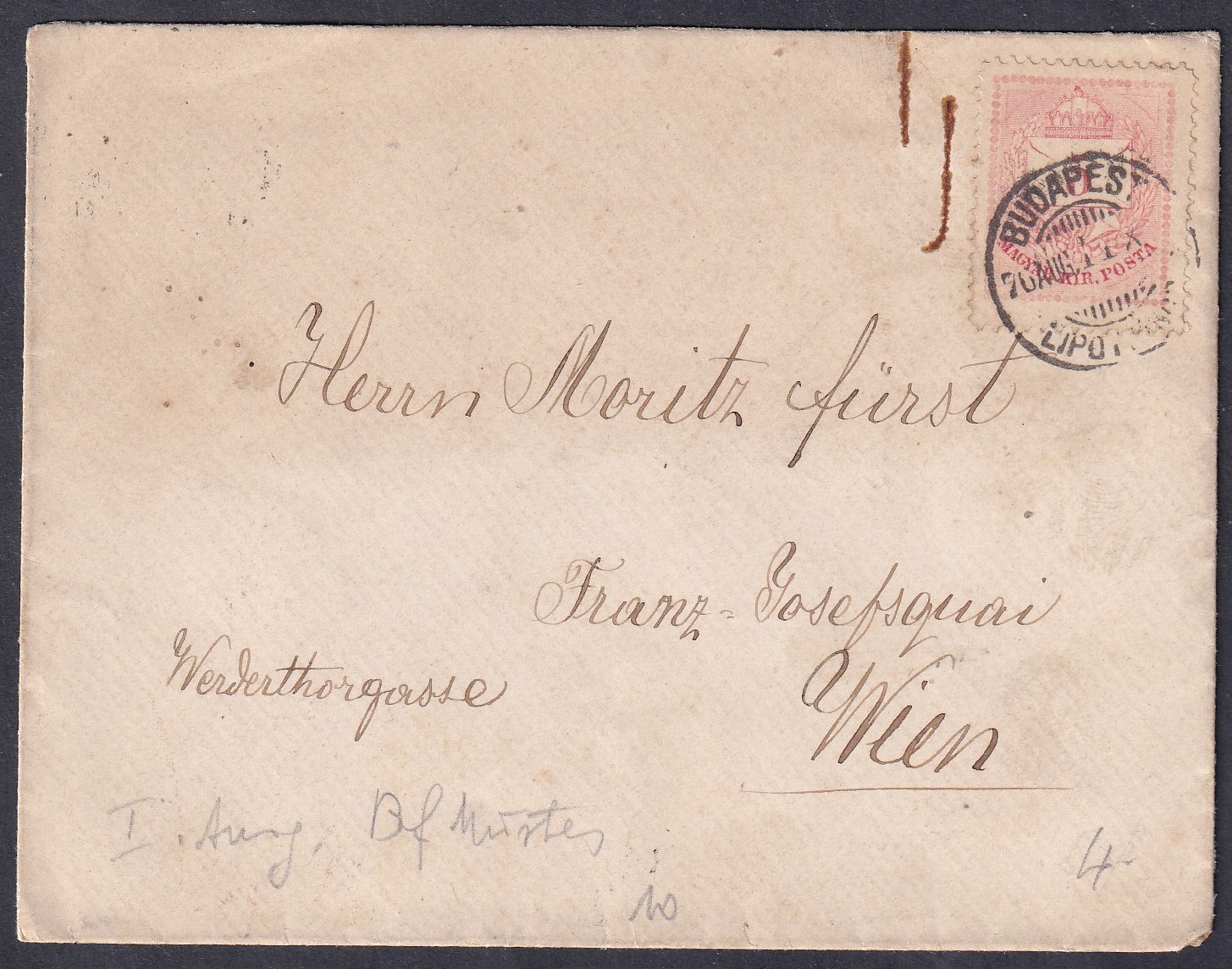 1876. Budapest/Lipótváros, Bécsbe feladott levél - magasra fogazott bélyeggel bérmentesítve (26,5 mm)