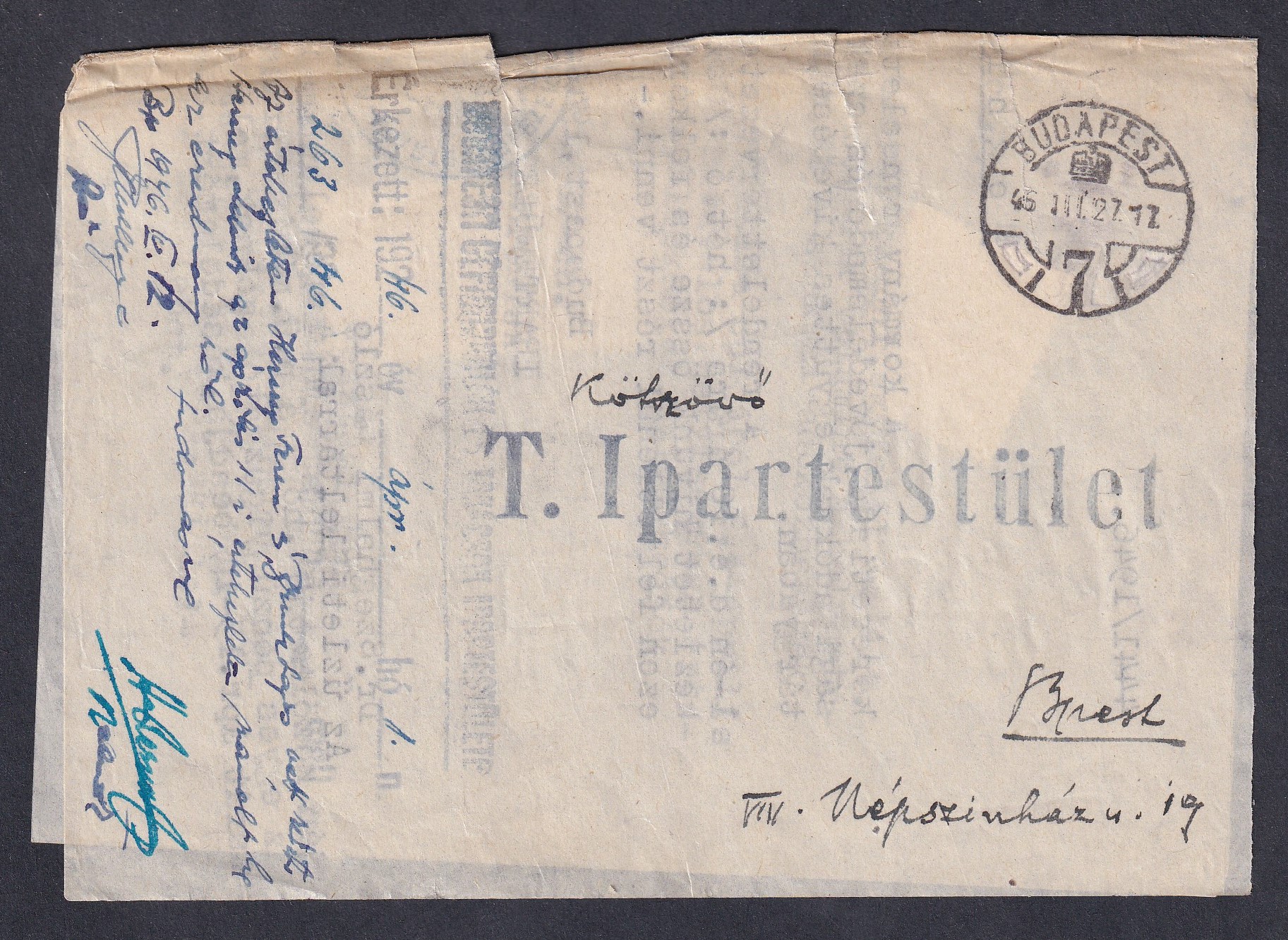1946. III. 26. /10.d.sz./  Budapest, helyben feladott nyomtatvány