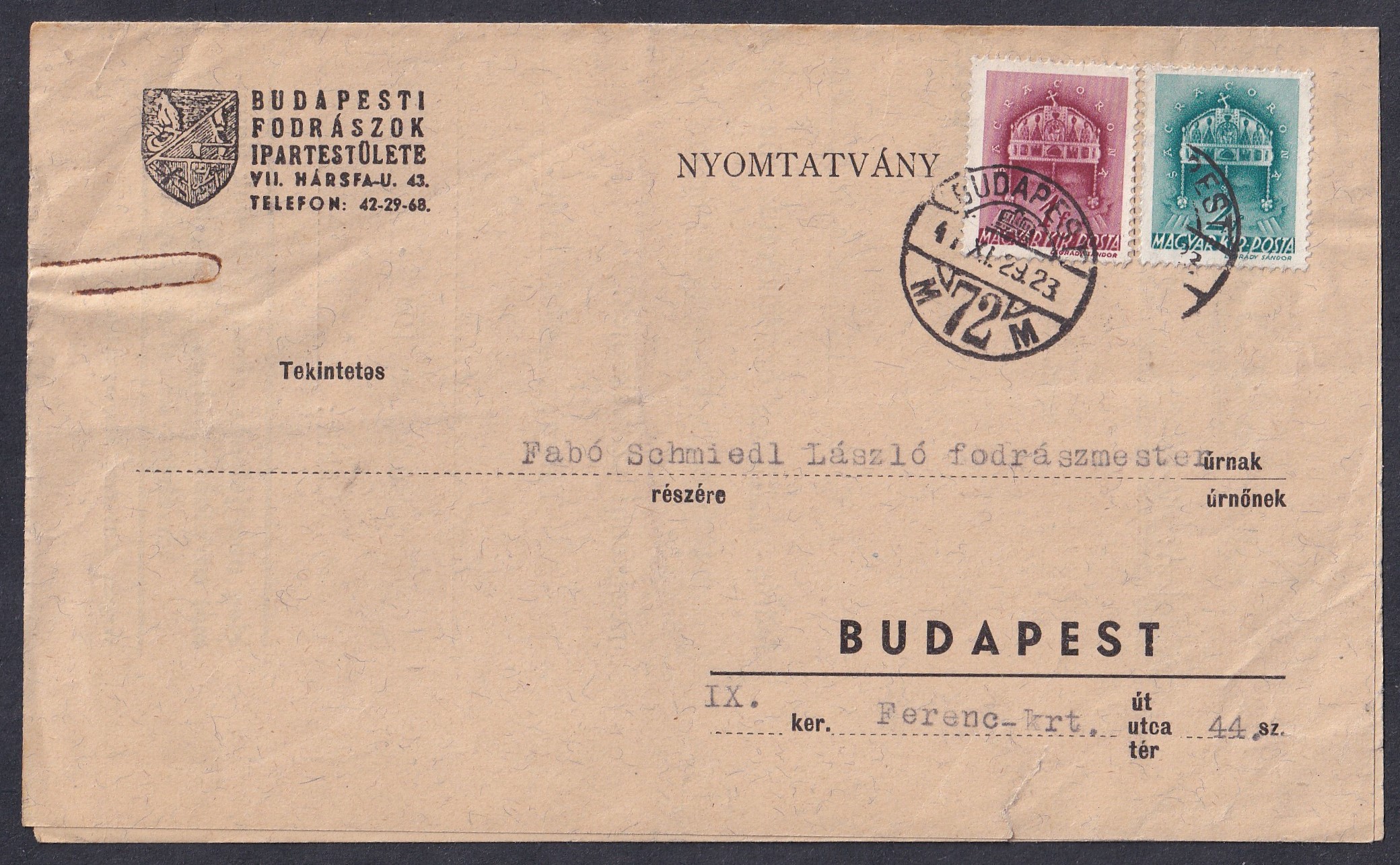 1941. Budapest, helyben feladott nyomtatvány