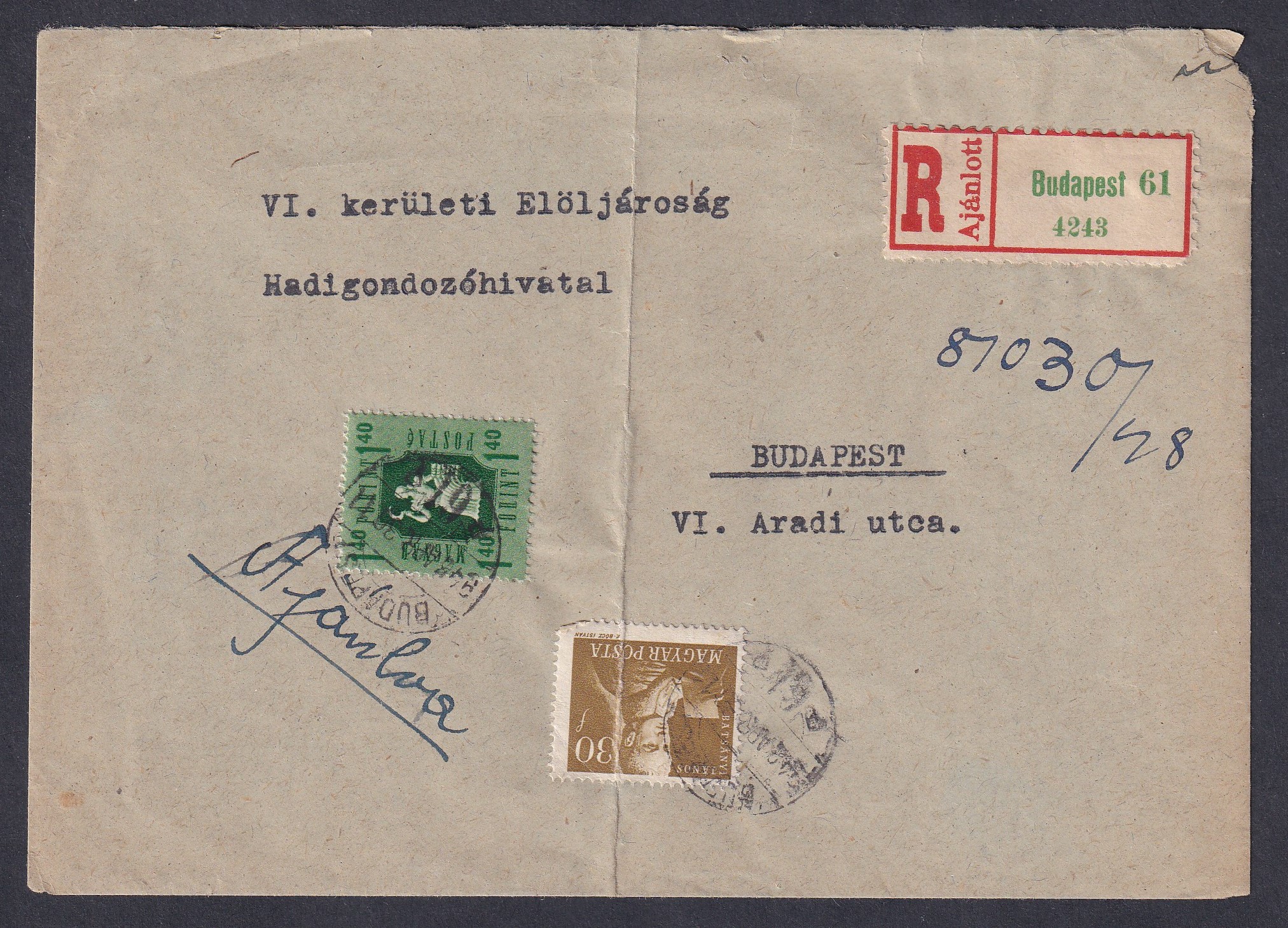 1948. Budapest, helyben feladott ajánlott levél