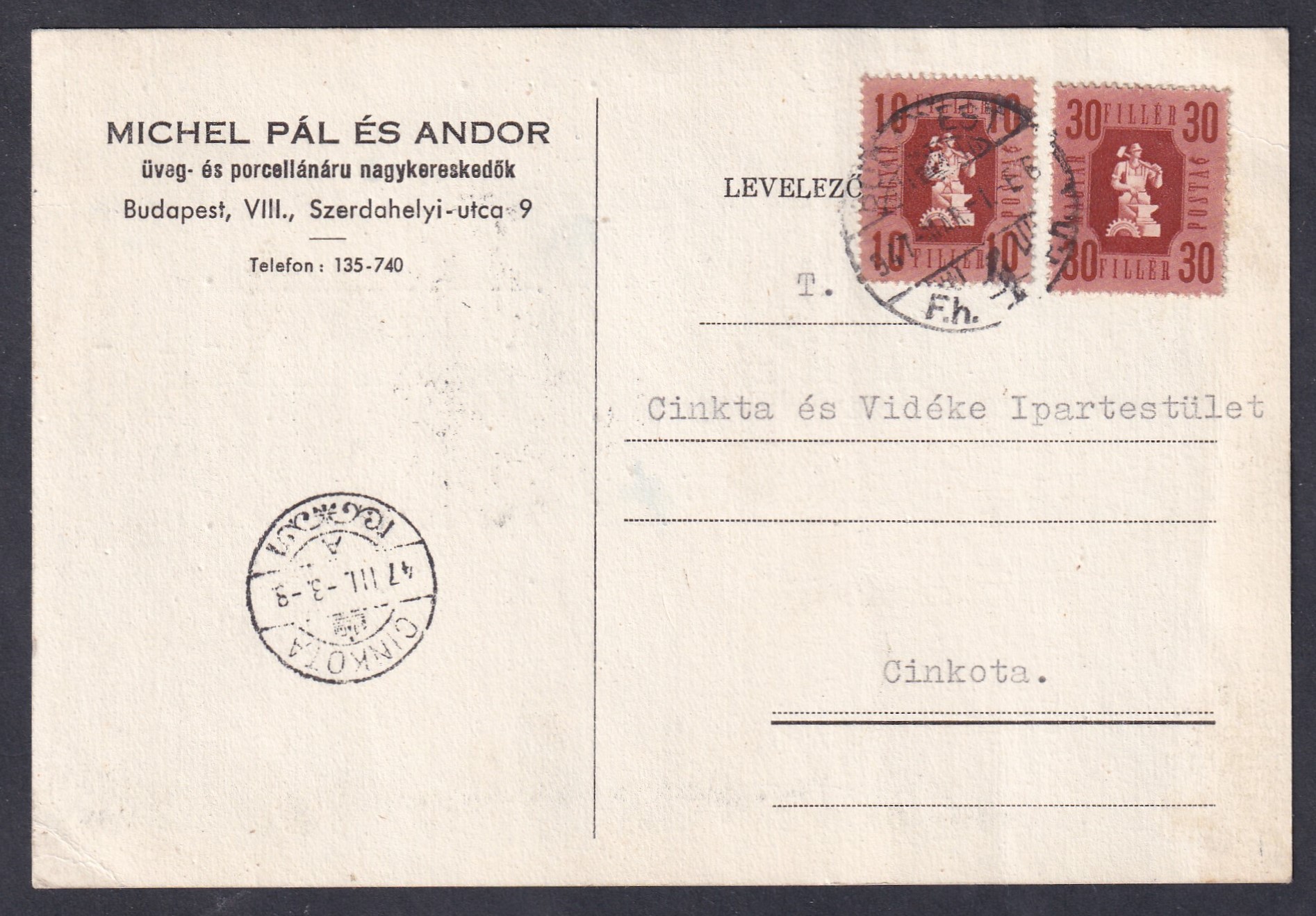 1947. Budapest, cinkotára feladott levelezőlap