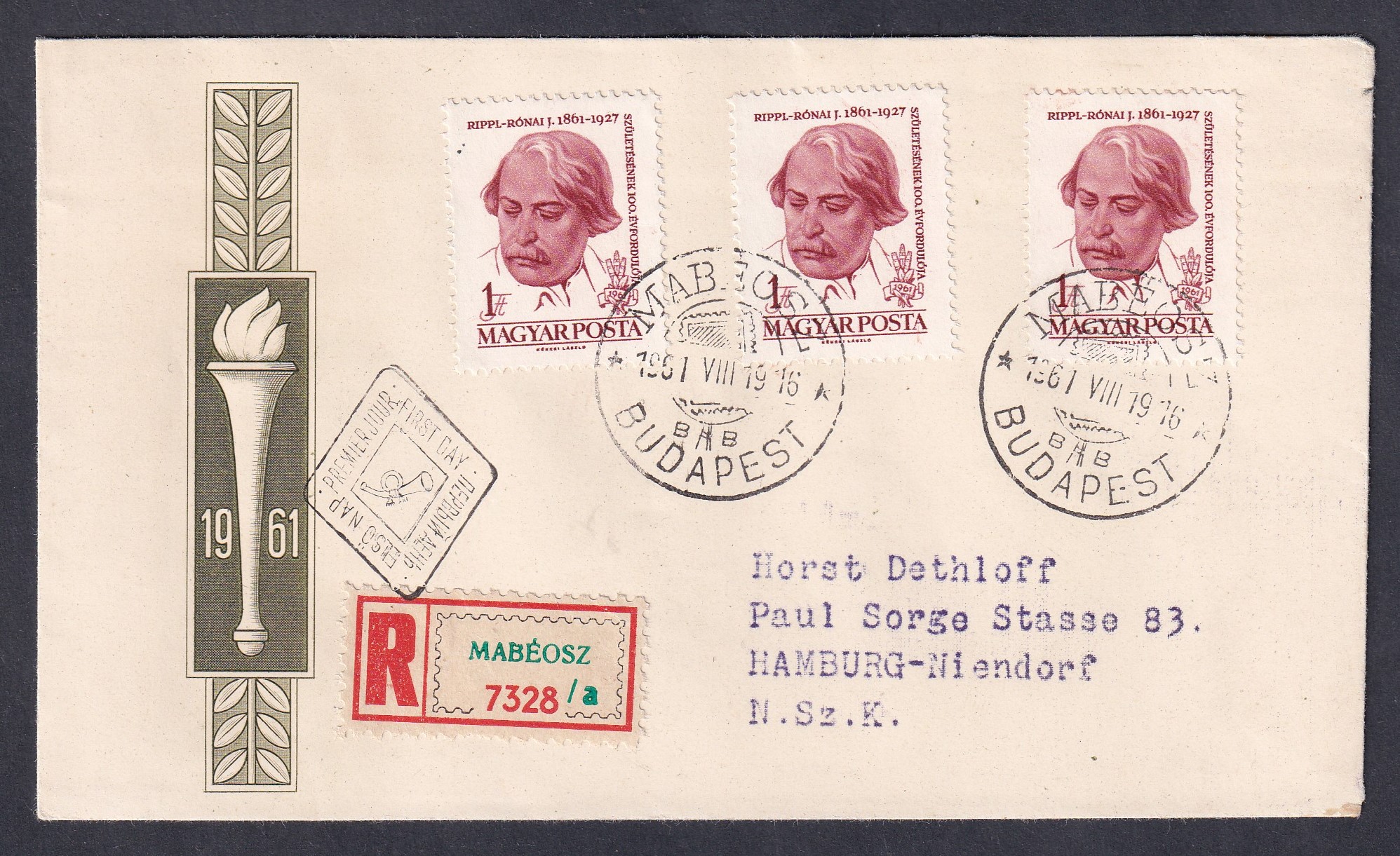 1961. Budapest, Hamburgba feladott ajánlott FDC