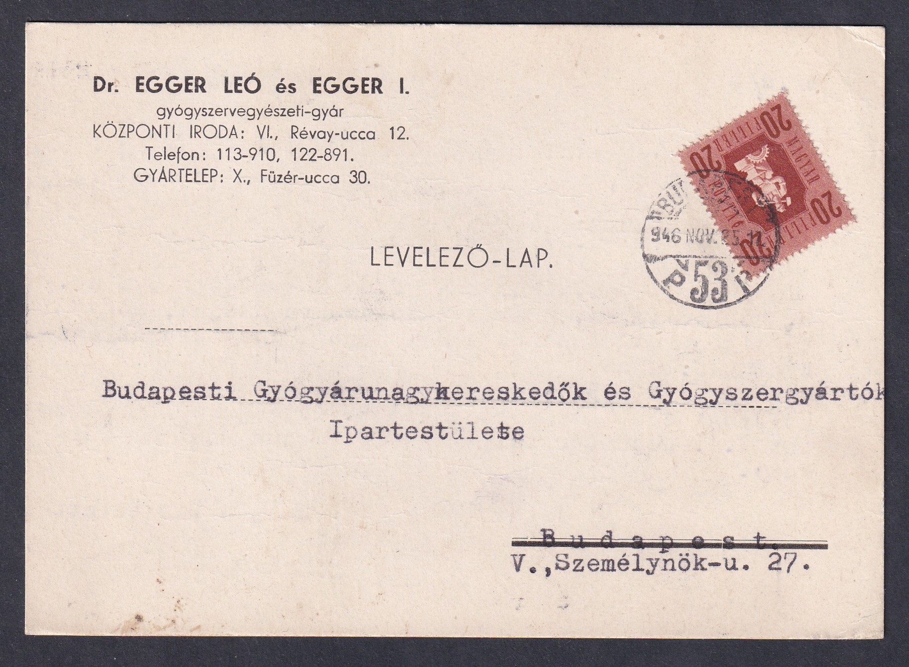 1946. Budapest, helyben feladott levelezőlap