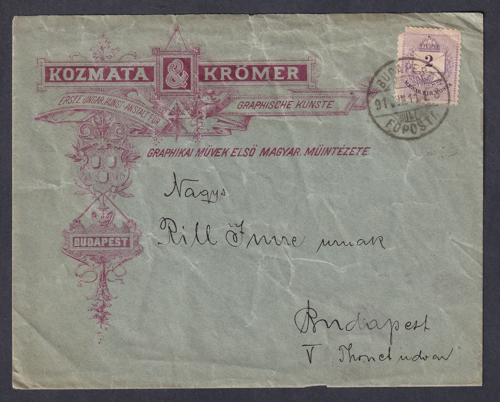 1891. Budapest, helyben feladott nyomtatvány boríték