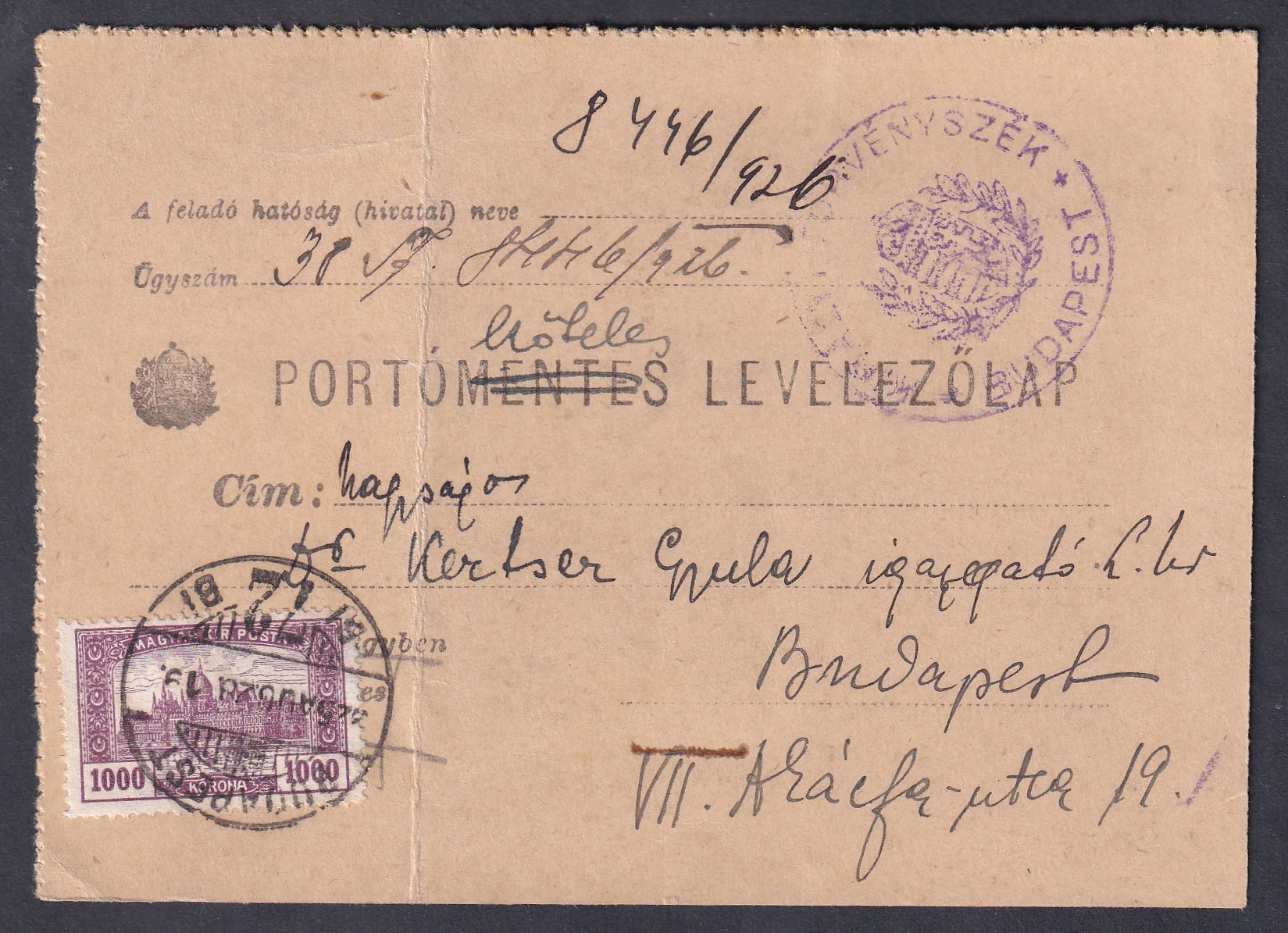 IMG_20260527_0013 1925. Budapest, helyben feladott hivatalos levelezőlap. Az eredetileg díjmentes postai használatra szolgáló lapot portóköteles küldeményként használták