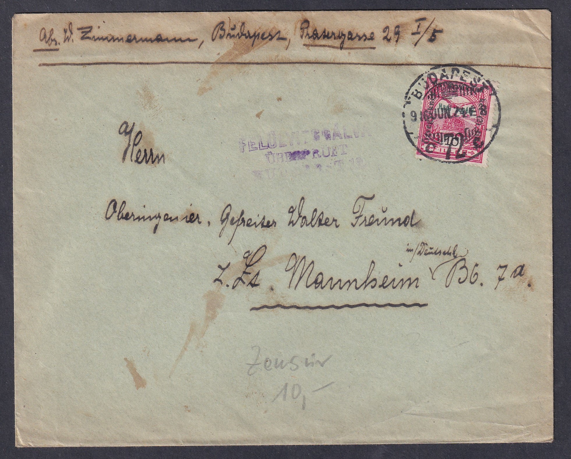 1916. Budapest, Manheim-be feladott cenzúrázott boríték