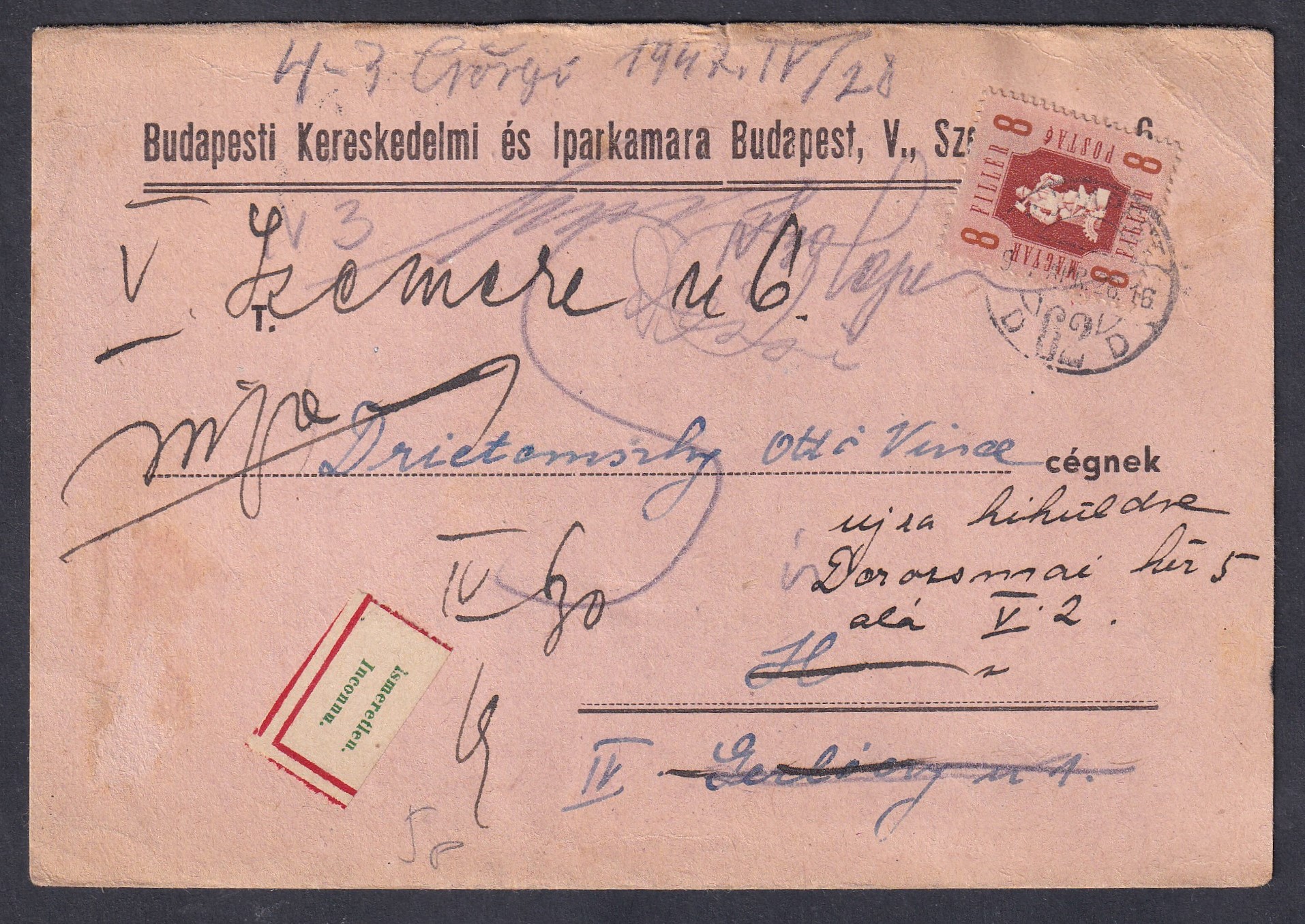1947. Budapest, helyben feladott nyomtatvány,  ismeretlen cím