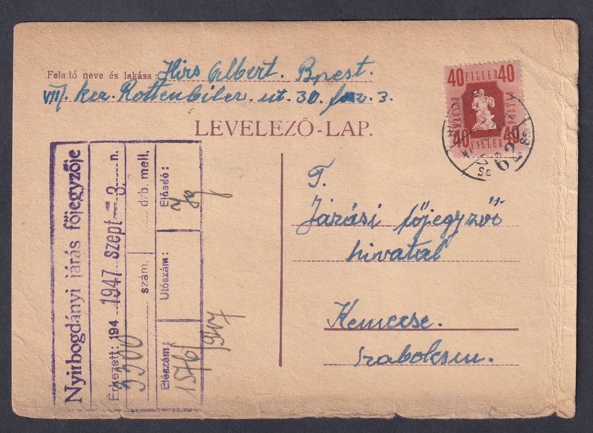 1947. Budapest, Kemecsére feladott levelezőlap