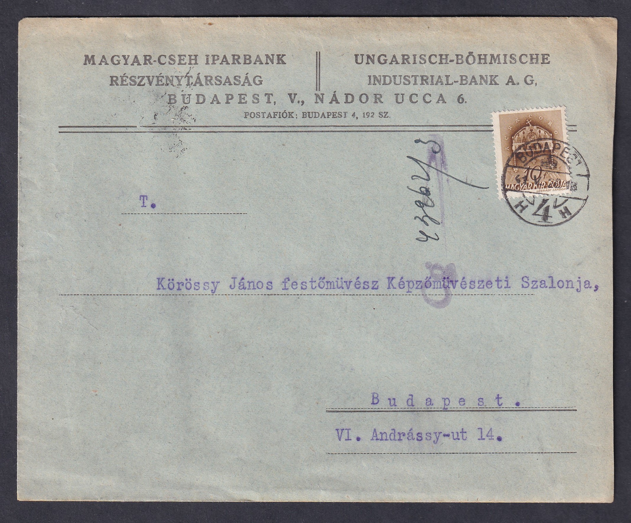 1941. Budapest, helyben feladott levél