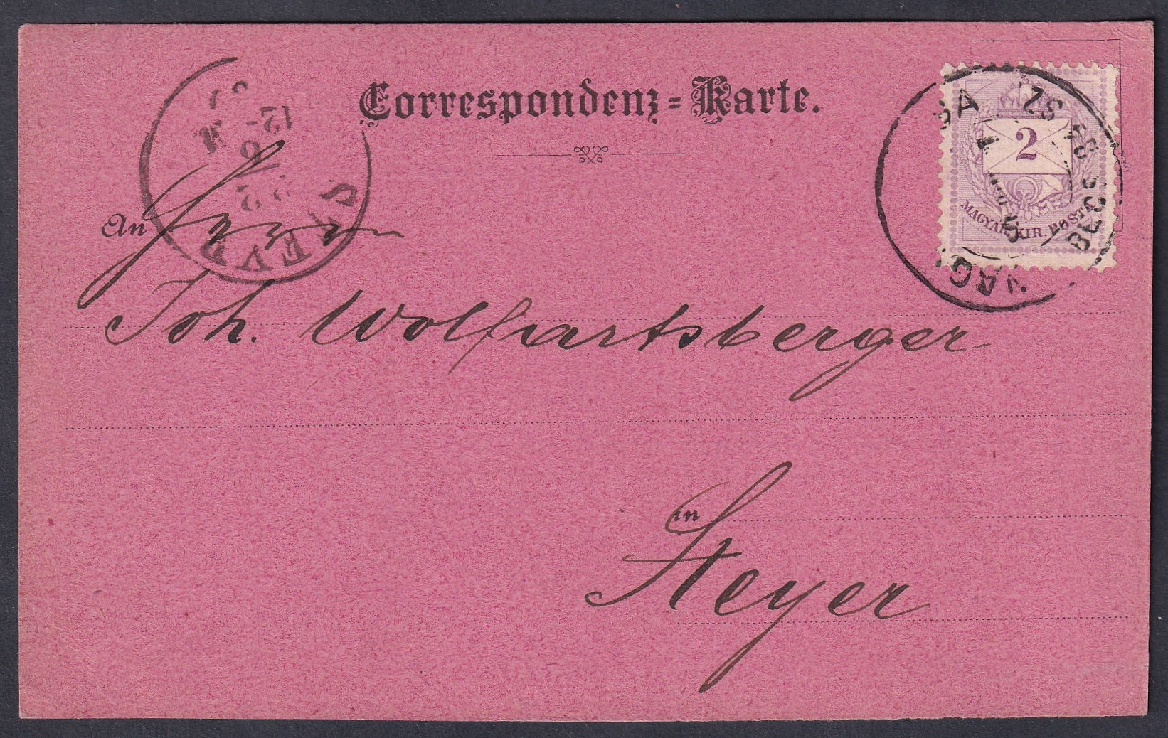 1889. M. Hann's Söhne, cs. és kir. udvari sarkantyúkészítő (k. k. Hofsporer), Bécs üzleti nyomtatványlapja Steyrbe küldve. 2 krajcáros Ferenc József levélbélyeggel bérmentesítve. A nyomtatott szöveg a cég utazó képviselőjének érkezéséről és megrendelés-felvételi jogosultságáról tájékoztat