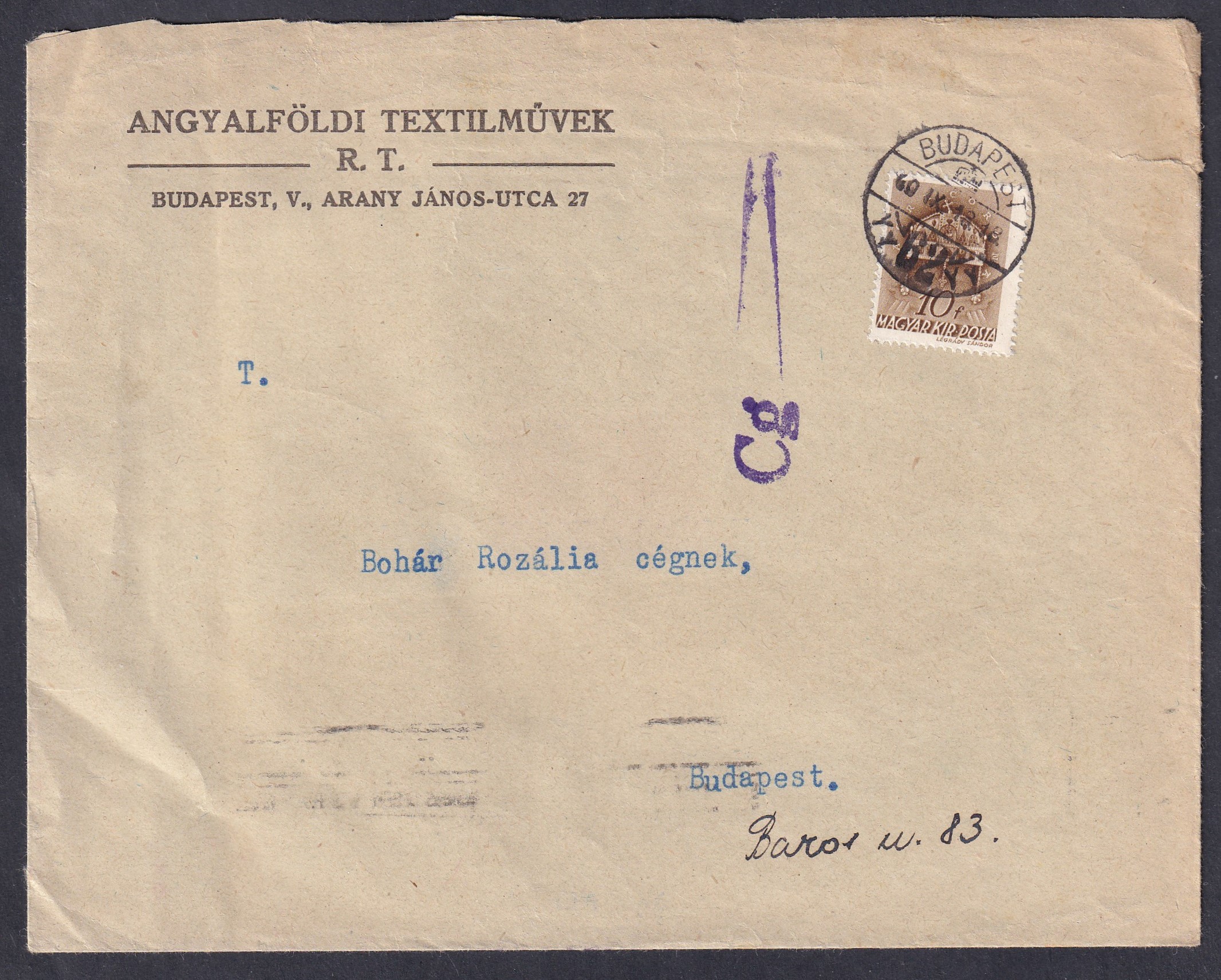 1940. Budapest, helyben feladott levél