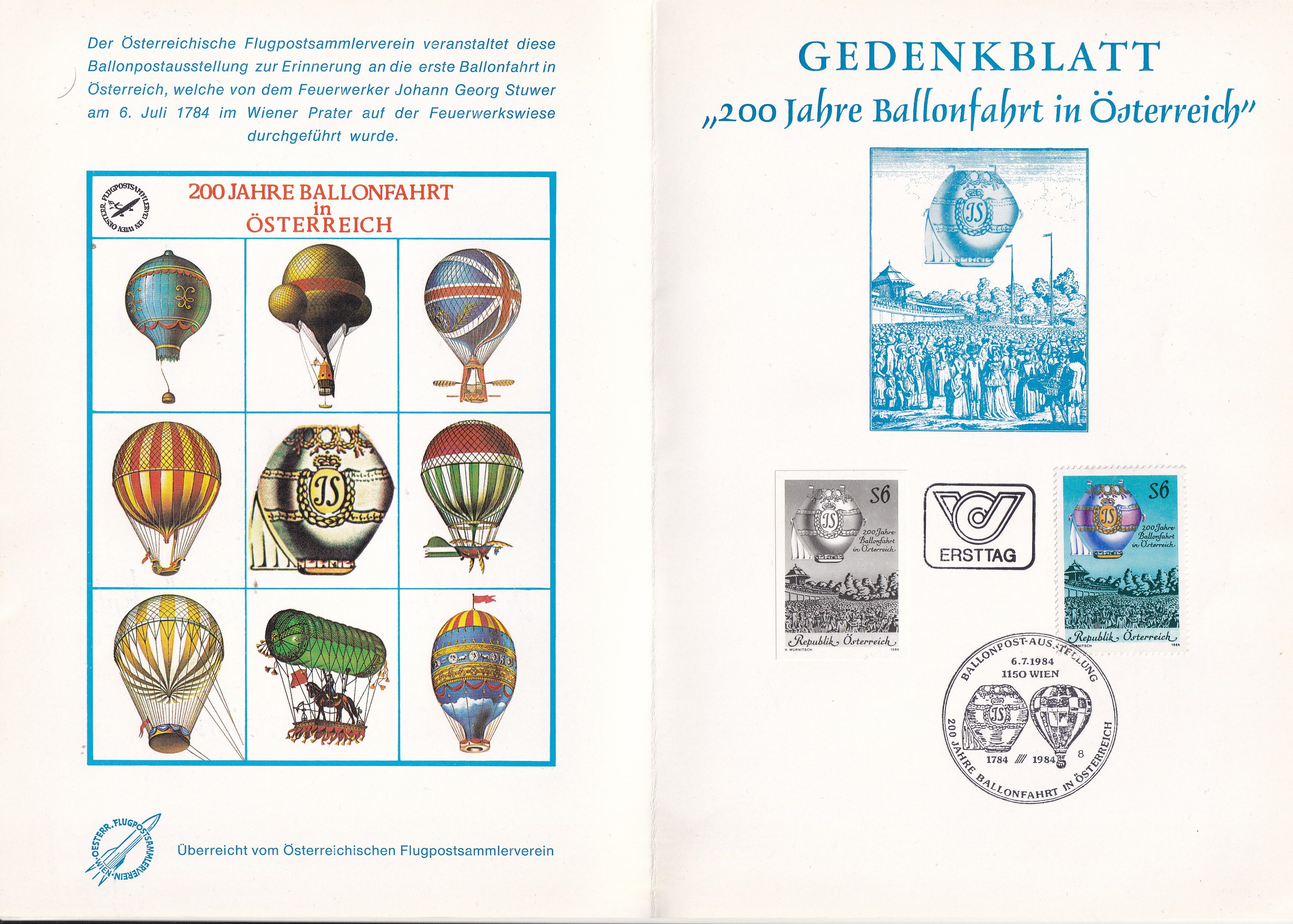 1984. Ausztria, Ballon repülést bemutató füzet, emléklapok, stb.