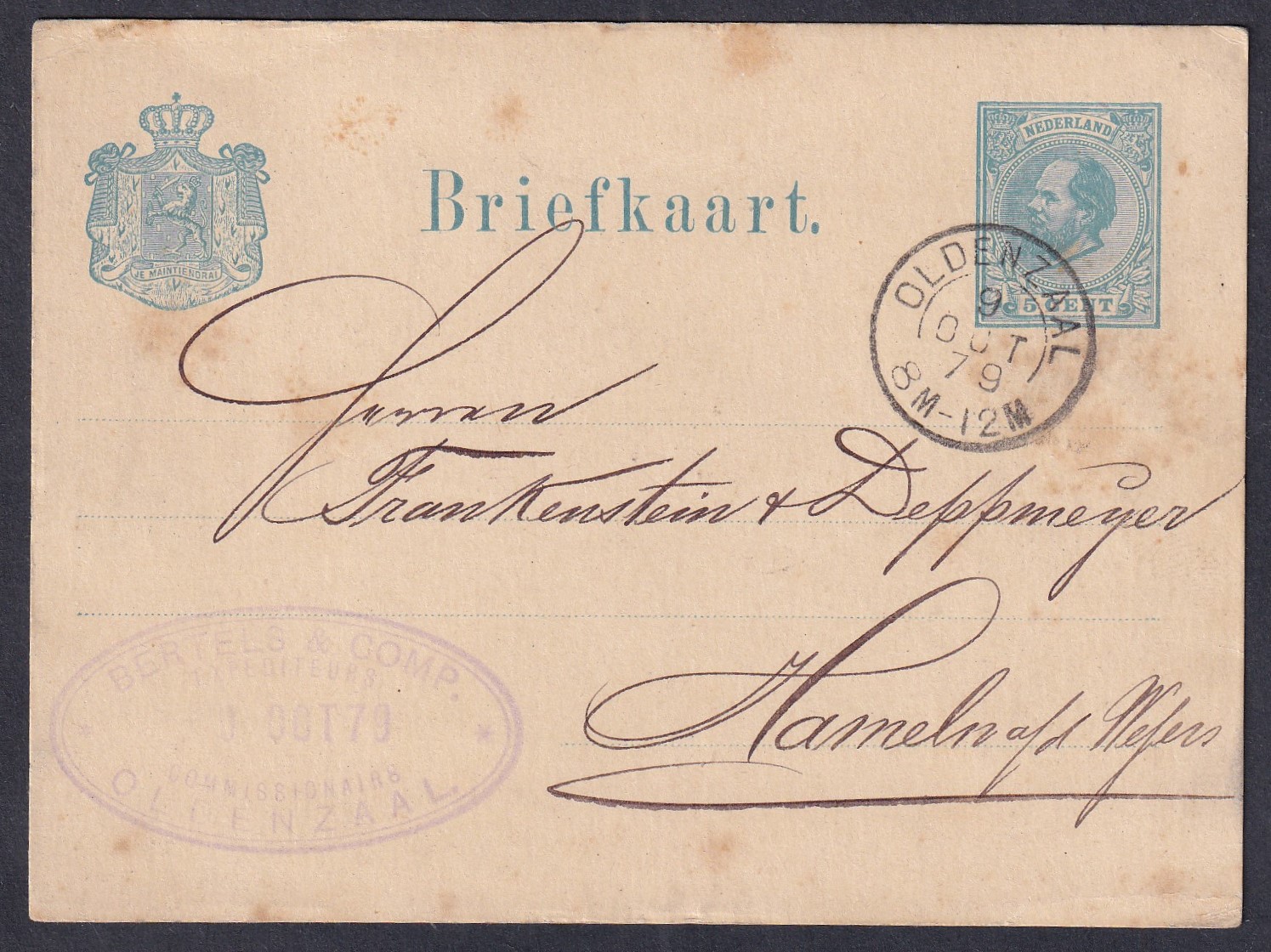 1879. Oldenzaal (Hollandia), díjjegyes levelezőlap