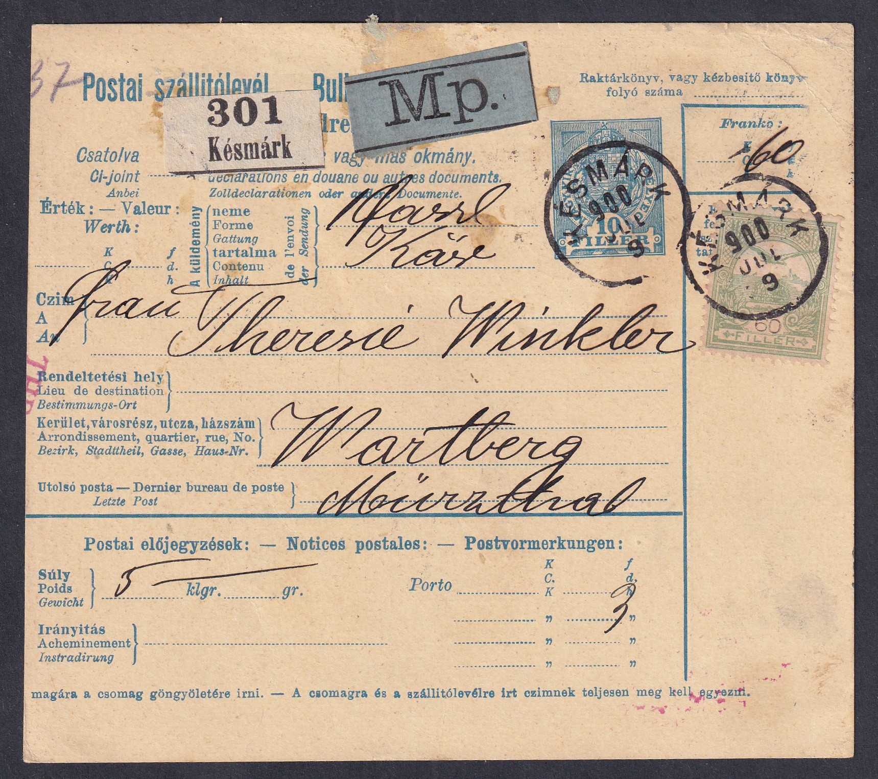 1900. Késmárk, Ausztriába feladott szállítólevél, vágott 3 Heller fekbérrel