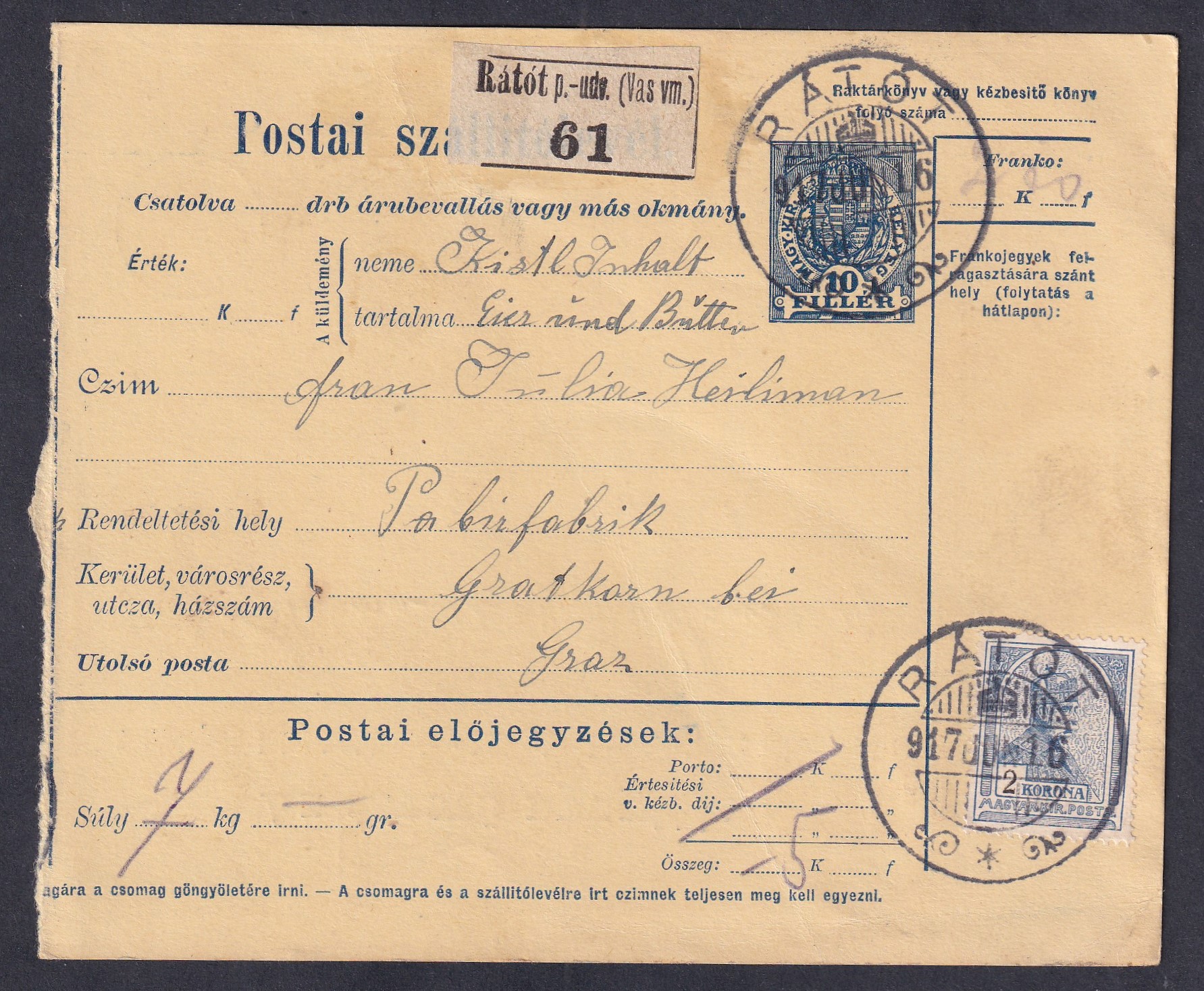 1917. Ausztriába feladott szállítólevél, 5 Heller fekbérrel