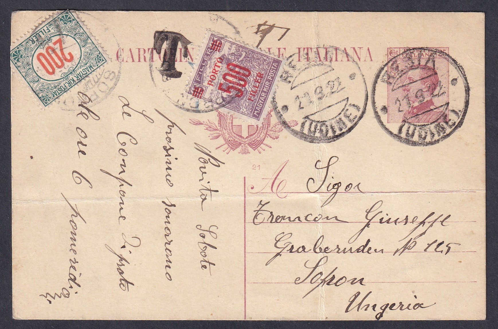 1922. Olaszország, Sopronban feladott díjjegyes levelezőlap, 200+500 K vegyes portózással