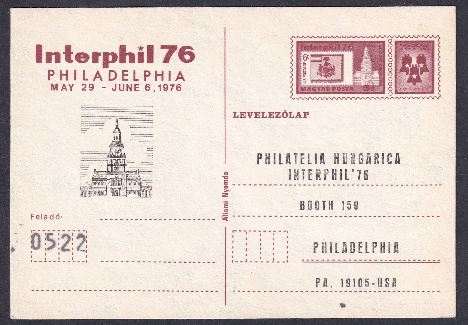 1976. Interphil, 2500 alatti sorszámott levelezőlap