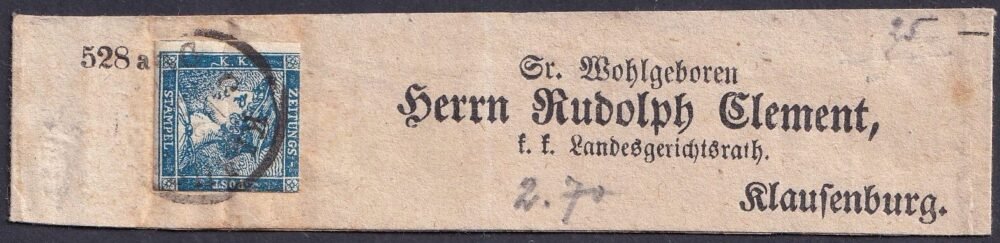 1851. hírlapbélyeg címszalagon, KLAGENFURT érkezési bélyegzéssel
