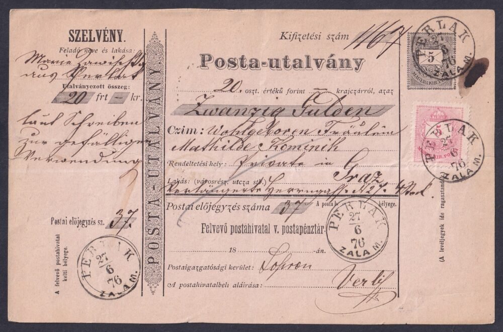 1876. Perlak, díjkiegészített posta utalvány