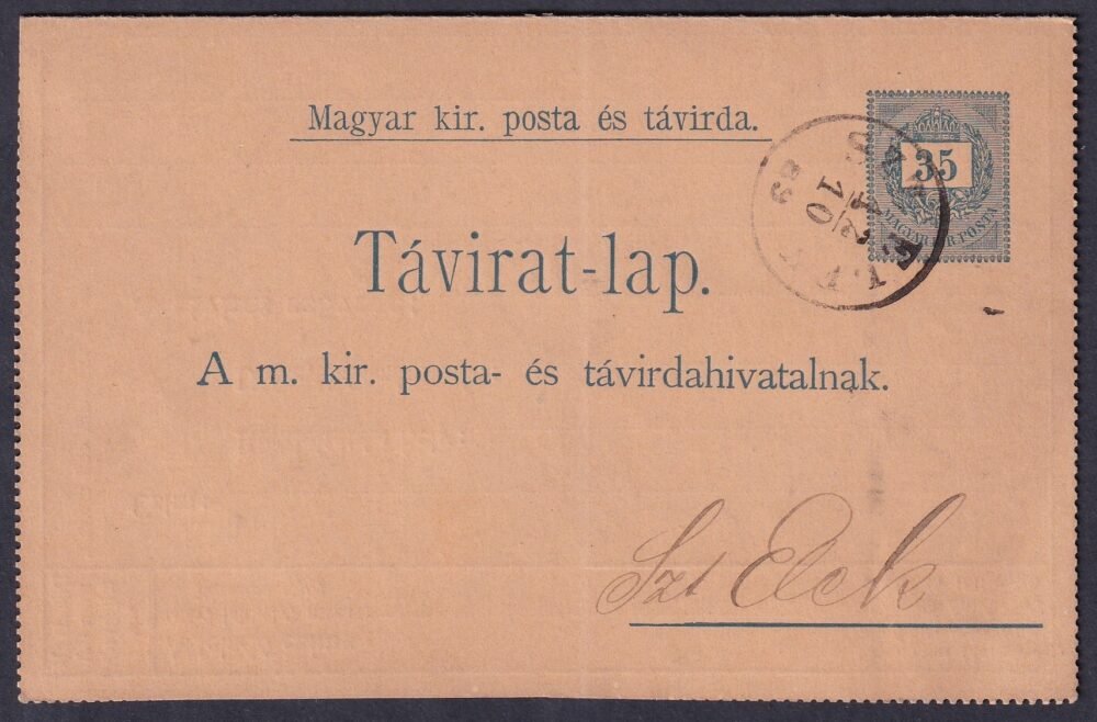 1889. Sz.T. Elek, komplett 35kr díjjegyes Távirati-lap 2x5+2 kr díjkiegészítéssel