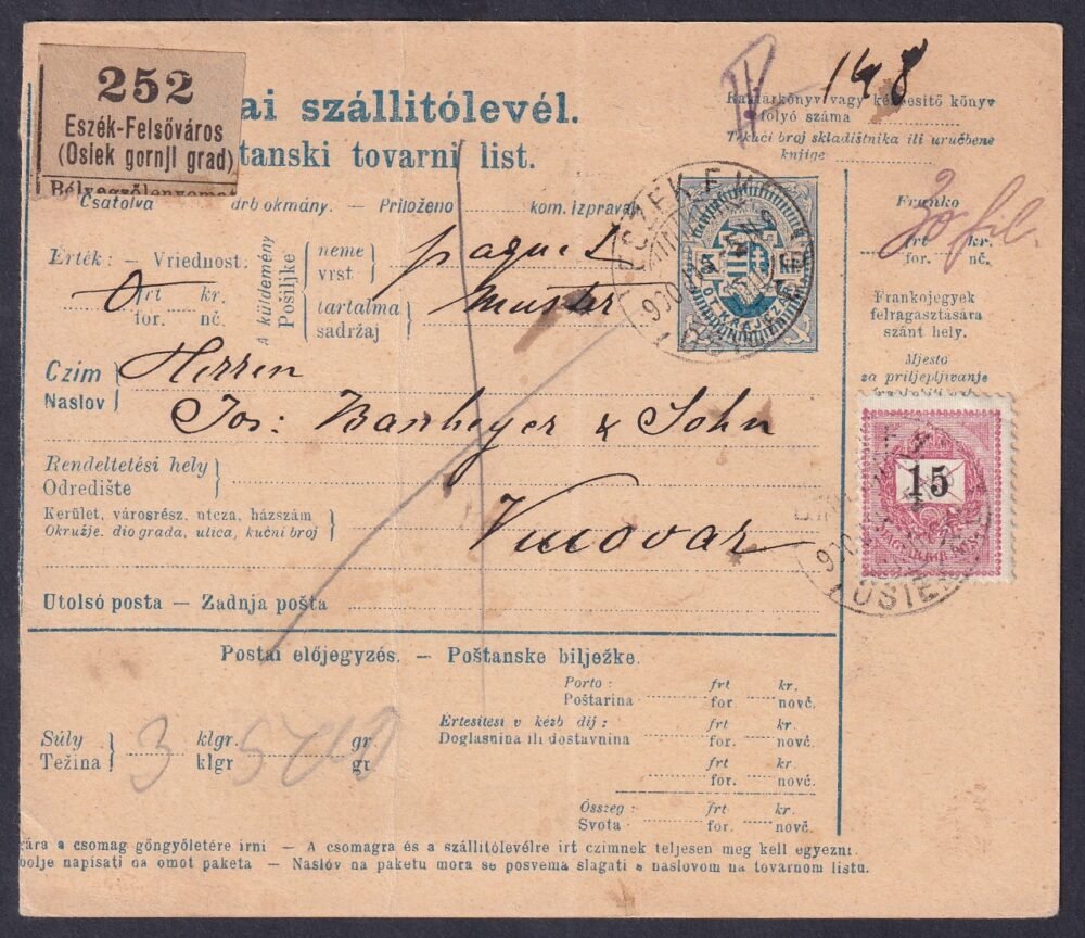 1900. jan. 5. szállítólevél 15 krajcárossal bérmentesítve, vegyes felhasználás!