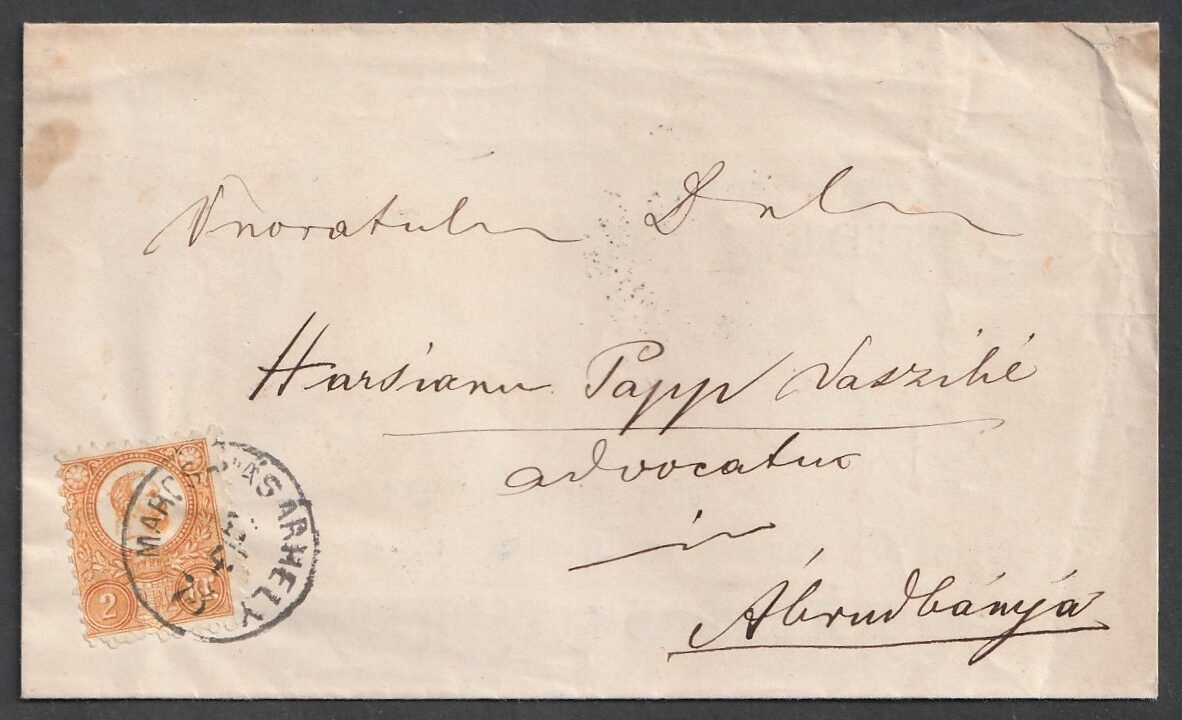 1873. Marosvásárhelyről Abrudbányára feladott nyomtatvány, Károlyfehérvár átmenő bélyegzéssel, kék színű abrudbányai érkezési bélyegzéssel (Gudlin: 700 pont), teljes tartalommal