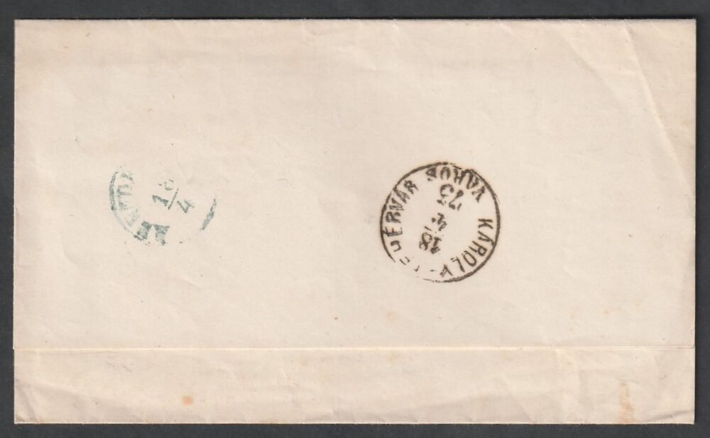 1873. Marosvásárhelyről Abrudbányára feladott nyomtatvány, Károlyfehérvár átmenő bélyegzéssel, kék színű abrudbányai érkezési bélyegzéssel (Gudlin: 700 pont), teljes tartalommal