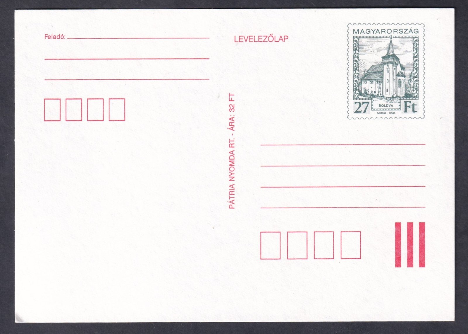 1999. 27 Ft, általános forgalmi levelezőlap (Hod. 735.)