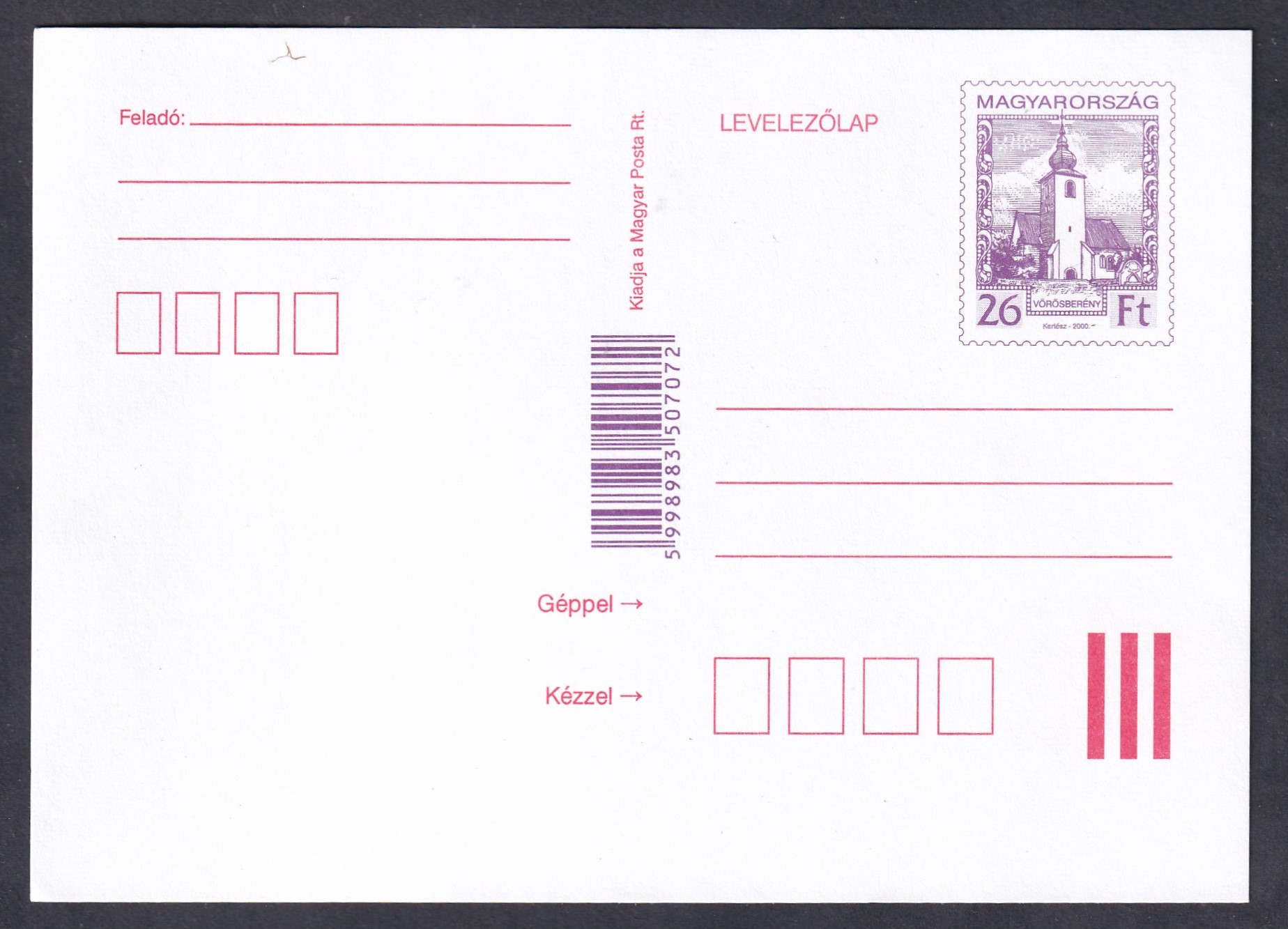 2000. 26 Ft, általános forgalmi levelezőlap (Hod. 738.)