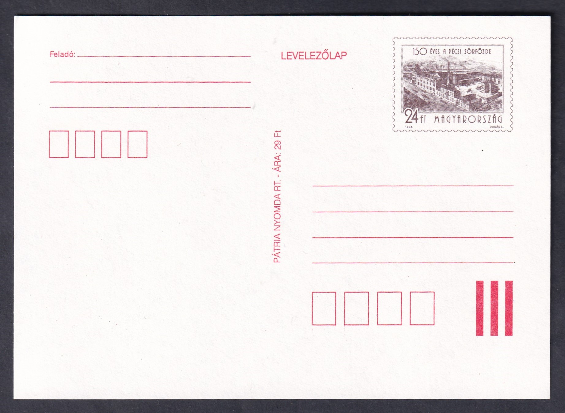 1998. 24 Ft, általános forgalmi levelezőlap (Hod. 734.)