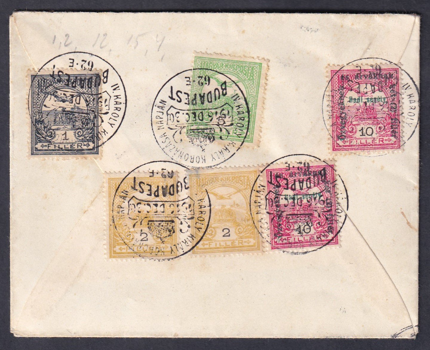 1916. Budapest, ST. Pölten-be feladott levél, Koronázási alkalmi bélyegzéssel - többes 4-színű bérmentesítéssel