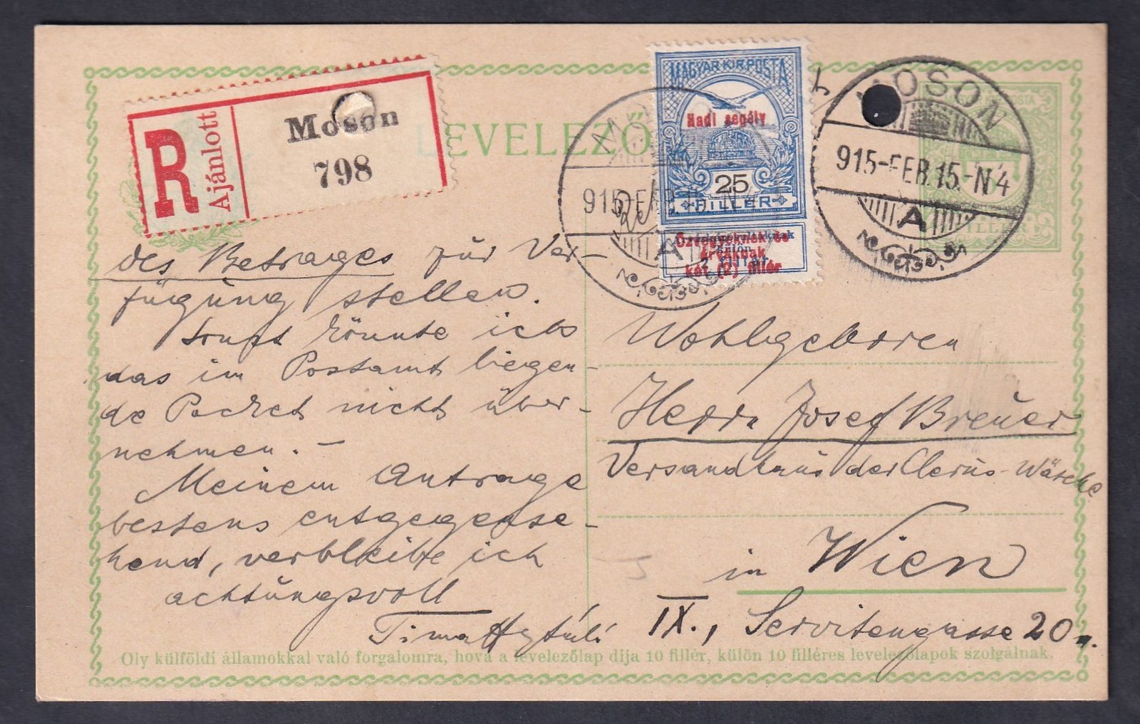 1915. Moson, Bécsbe feladott ajánlott levelezőlap feláras bélyeg díjkiegészítéssel