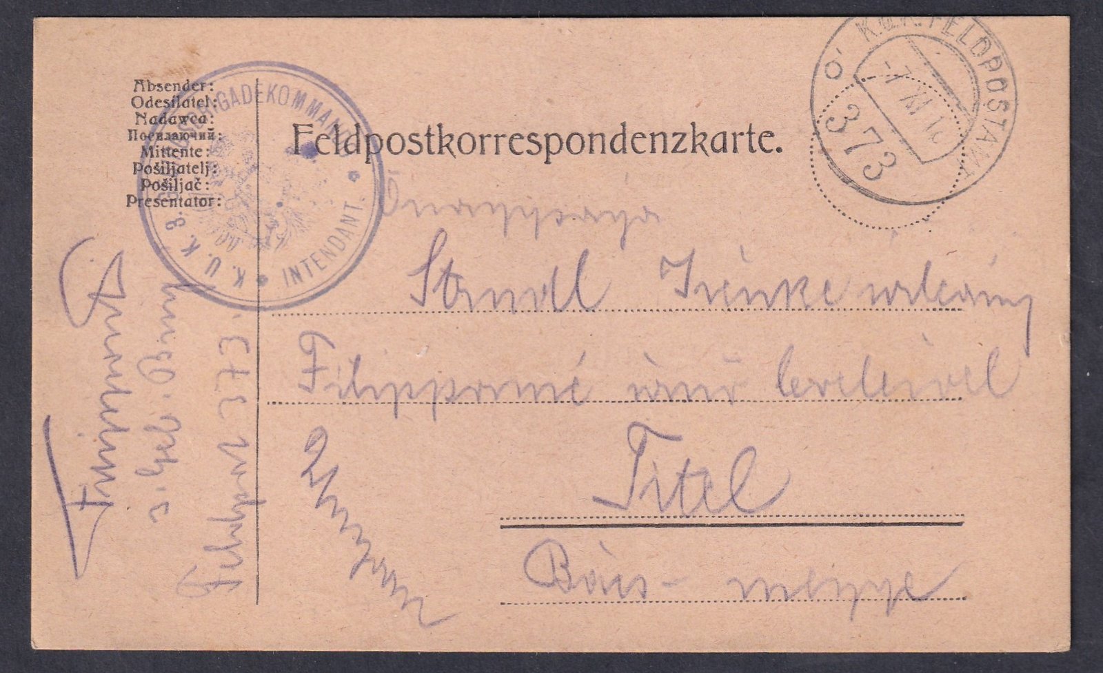 1916. Tábori posta levelezőlap