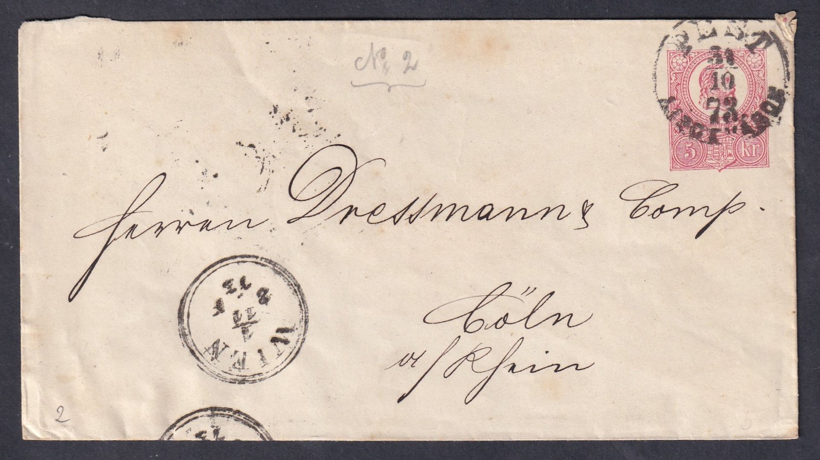 1873. BUDAPEST / LIPÓTVÁROS, Köln-be feladott díjjegyes boríték, levélzáróval