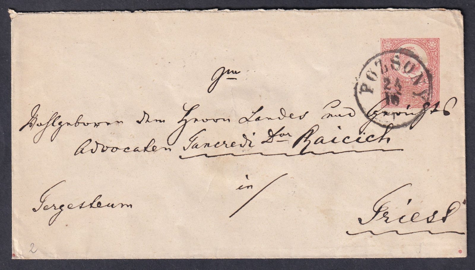 1871. Pozsony, Triest-be feladott díjjegyes boríték