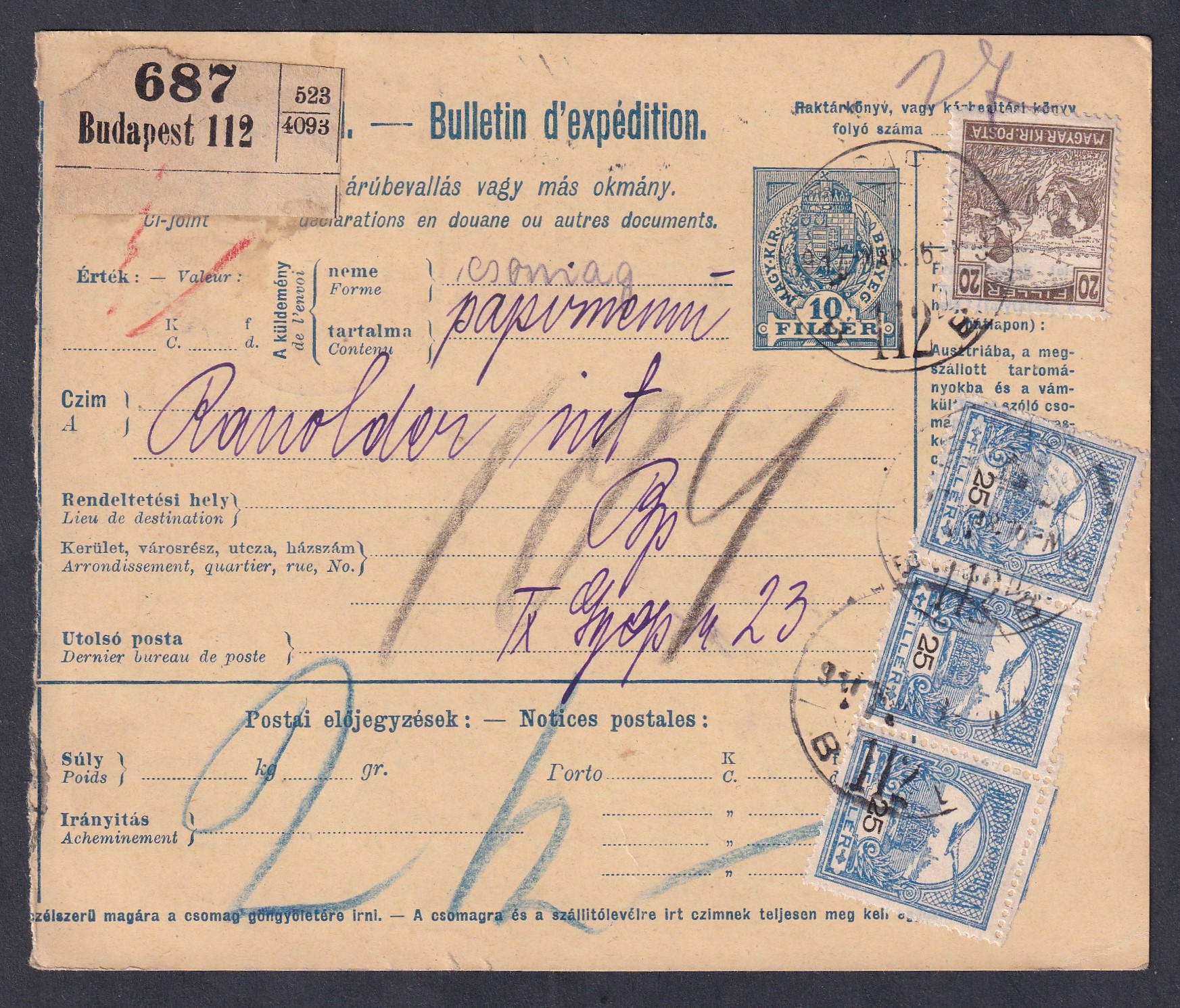 1917. Budapest, helyben feladott szállítólevél