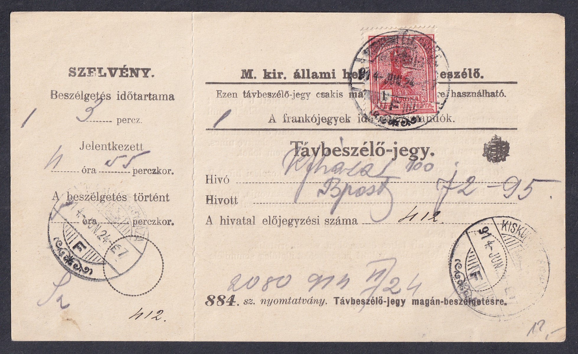 IMG_20260613_0013 1914. Kiskunfélegyháza-Buapest - Távbeszélő jegy (szelénnyel együtt)