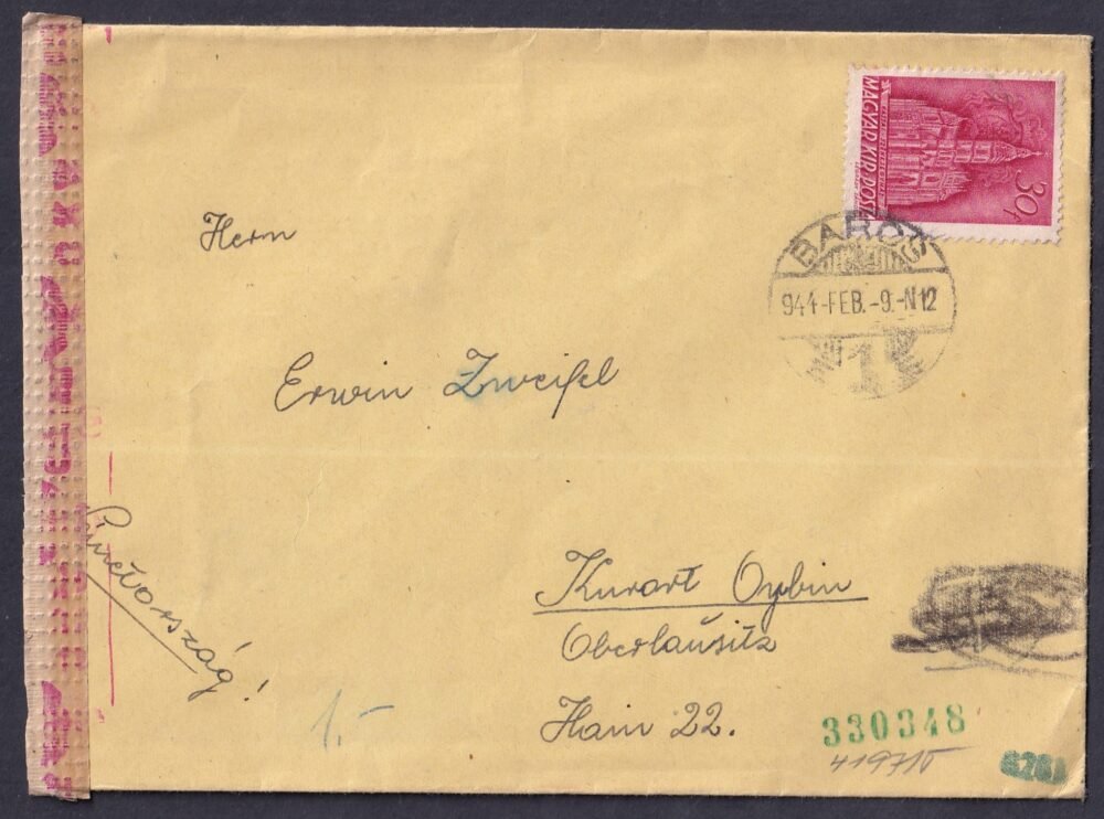 1944. Barcs, Oberlausitz -ba feladott cenzúrázott levél