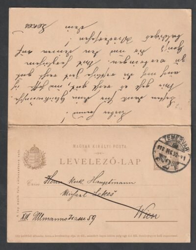 1911. Temesvár, Bécsbe feladott Válasz-Levelezőlap, felhasznált válaszlappal - Image 2