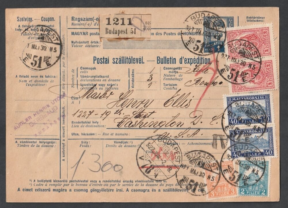1927. Budapest, Washingtonba feladott szállítólevél