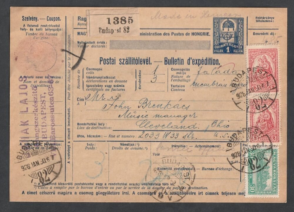 1928. Budapest, USA-ba feladott szállítólevél