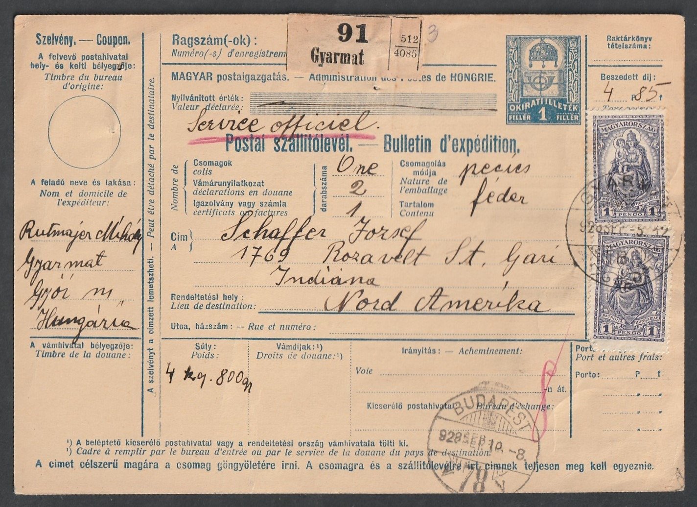 1928. Gyarmat, USA-ba feladott szállítólevél