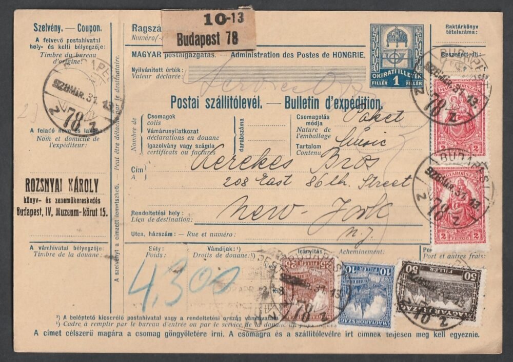 1928. Budapest, New Yrok-ba feladott szállítólevél