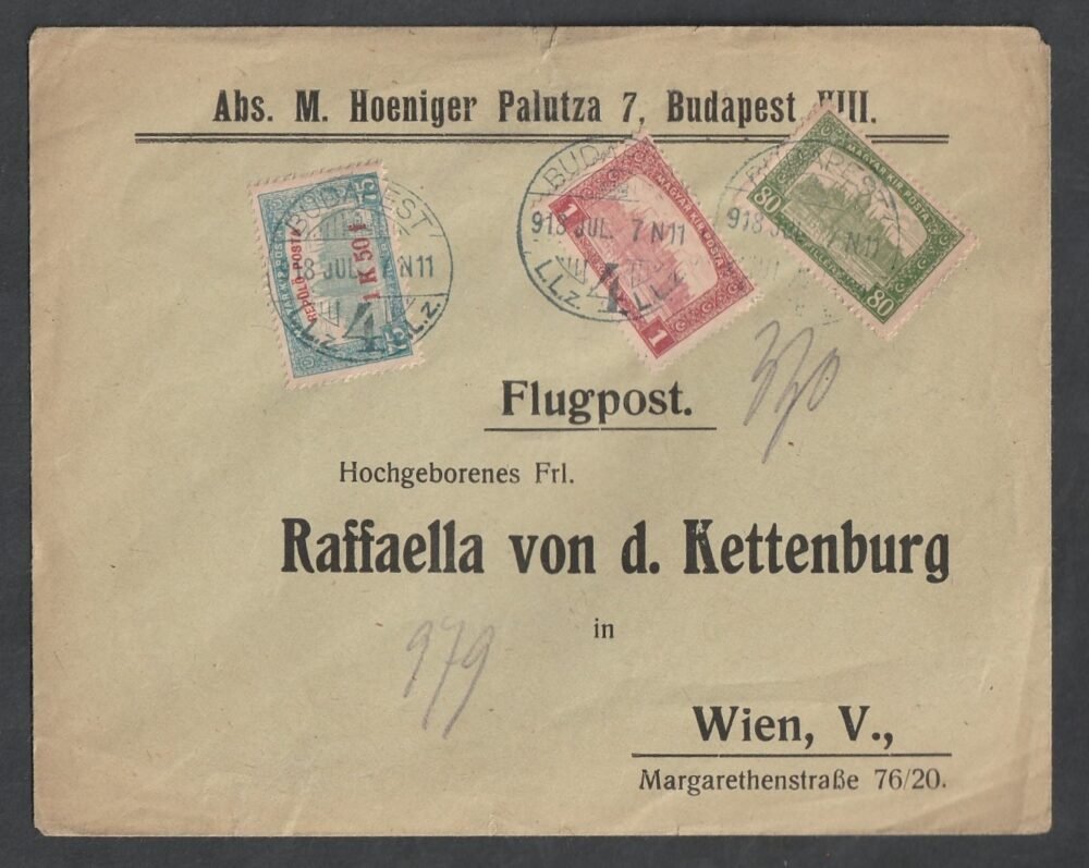 1918. Budapest, Bécsbe feladott Repülő posta levél